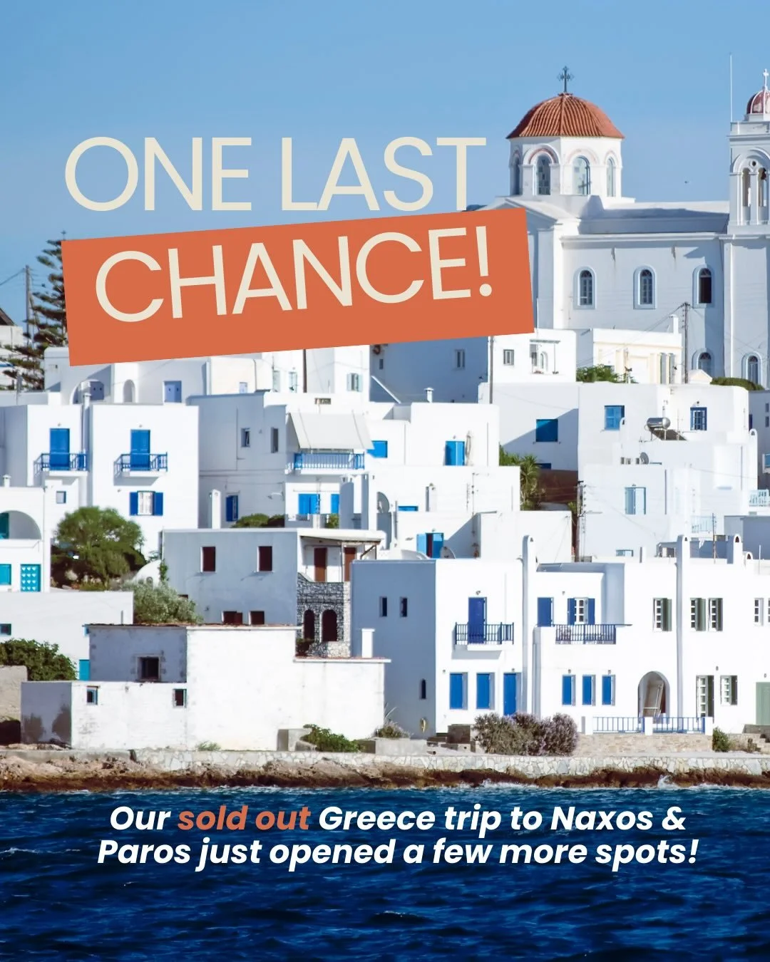 PSA: Our SOLD OUT Greece trip to Naxos &amp; Paros just had a few spots open up 🇬🇷

This trip has an incredible itinerary of exploring Old Town Naxos, a full day catamaran cruise, lots of beach time and a private cooking class in Paros!

Act fast b