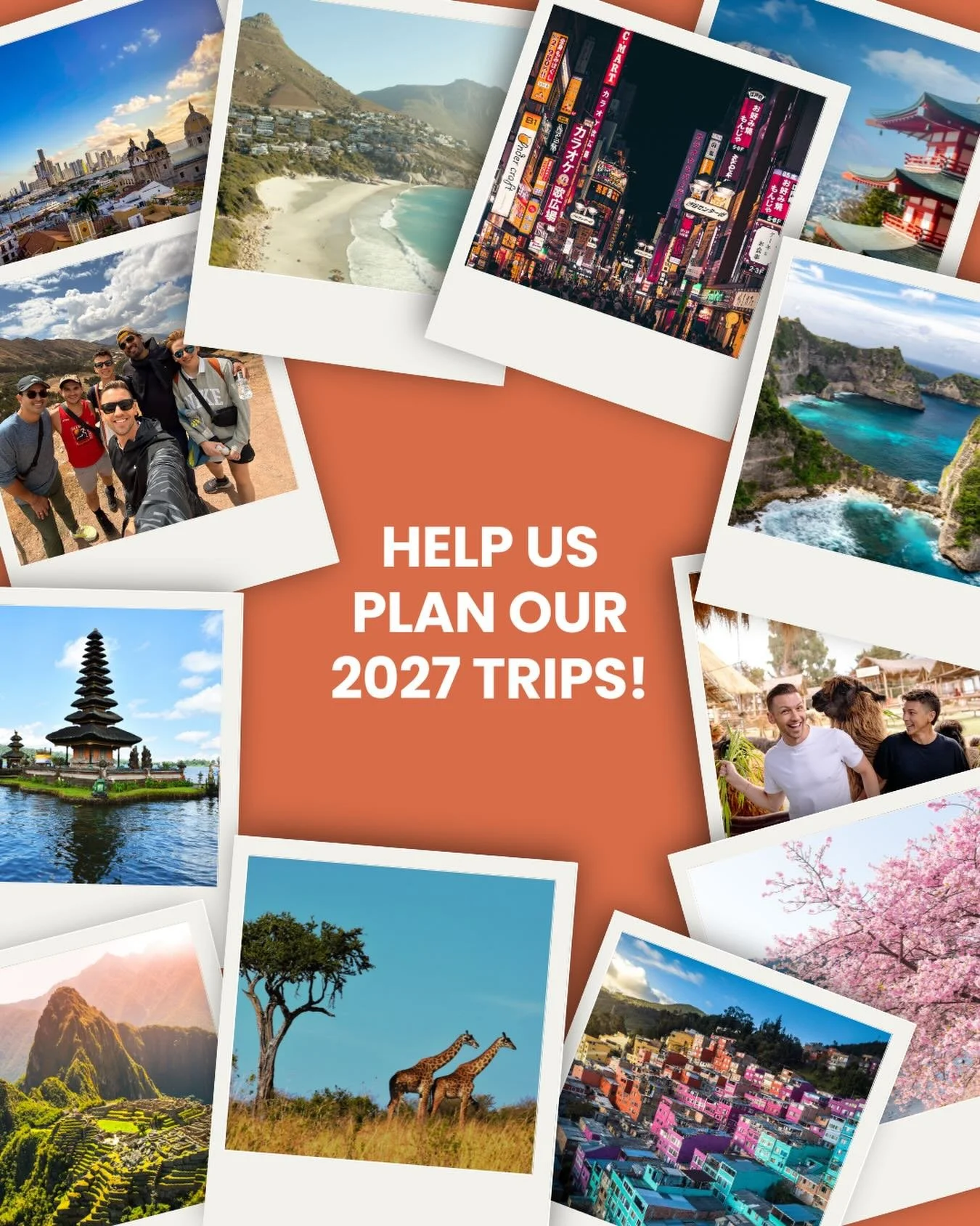 So many places we want to see in 2027 but we can only plan a few! 

So you tell us&hellip; what are your dream travel destinations that you would join us on?

Head to the link in our bio and let us know 🌎

#grouptravel #gaytravel #lgbtqtravel