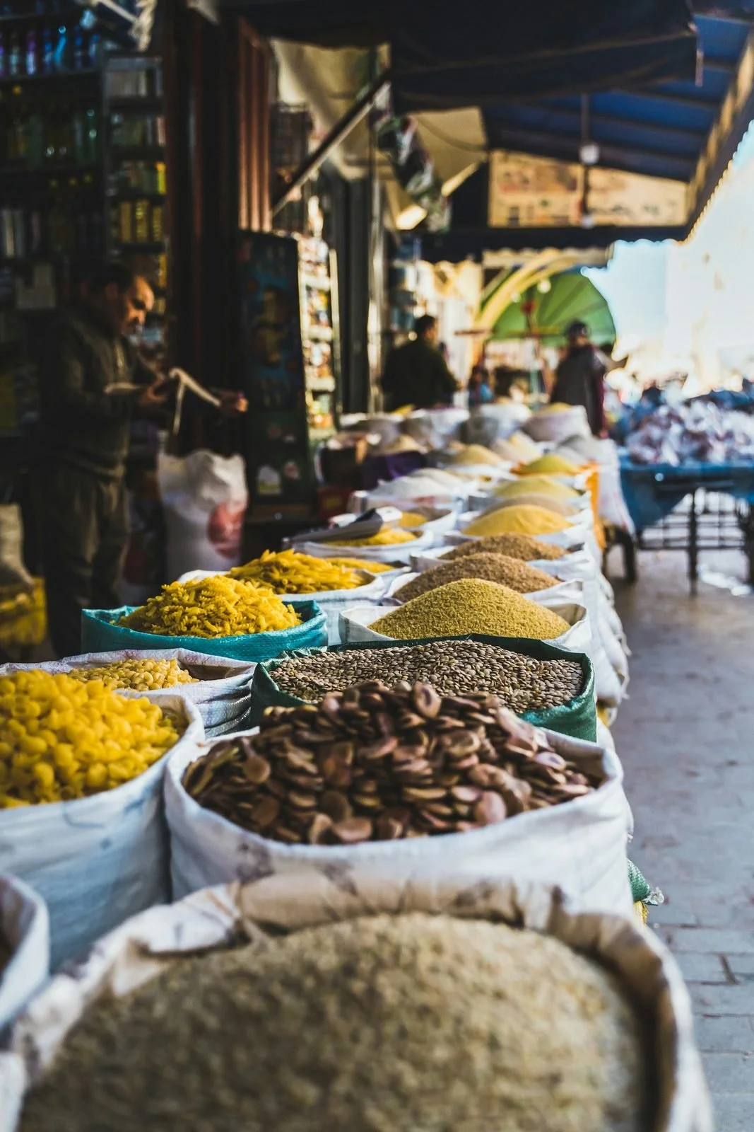  Sacks of grains, pasta, and dried goods in a Marrakech medina market 
