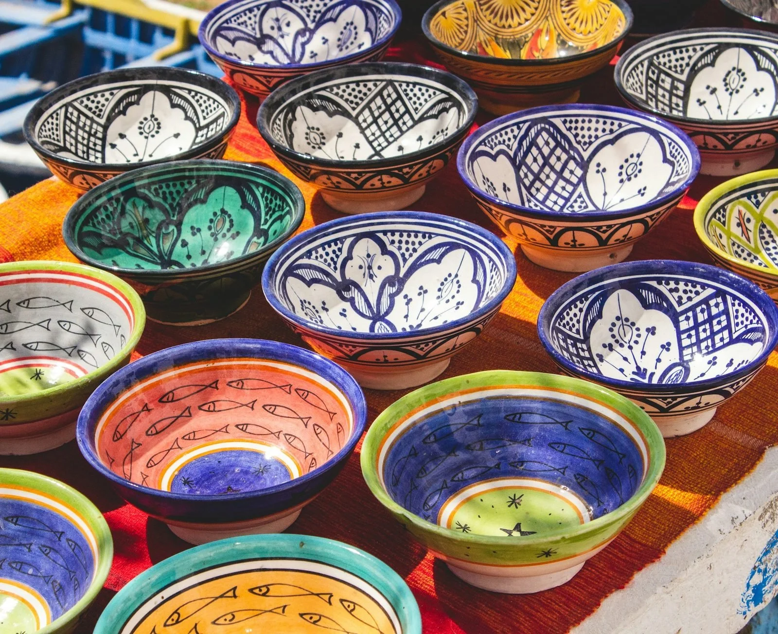 Hand-painted ceramic bowls for sale in the Marrakech souks, Morocco 