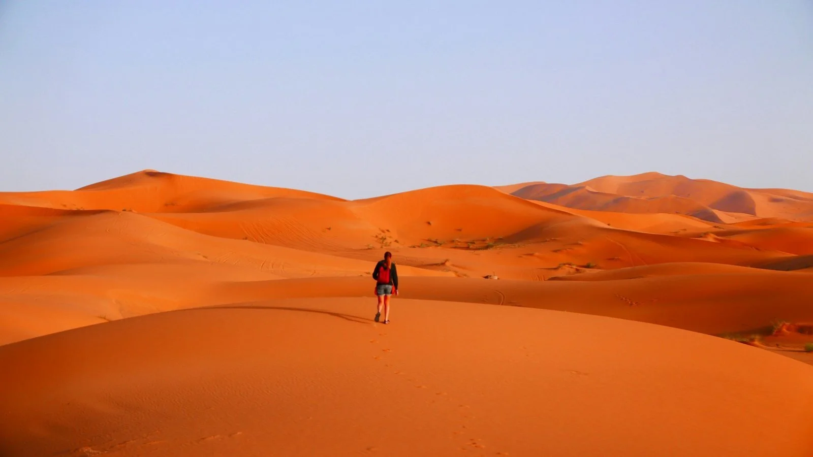  A traveler walking alone across the orange dunes of the Sahara Desert near Merzouga 