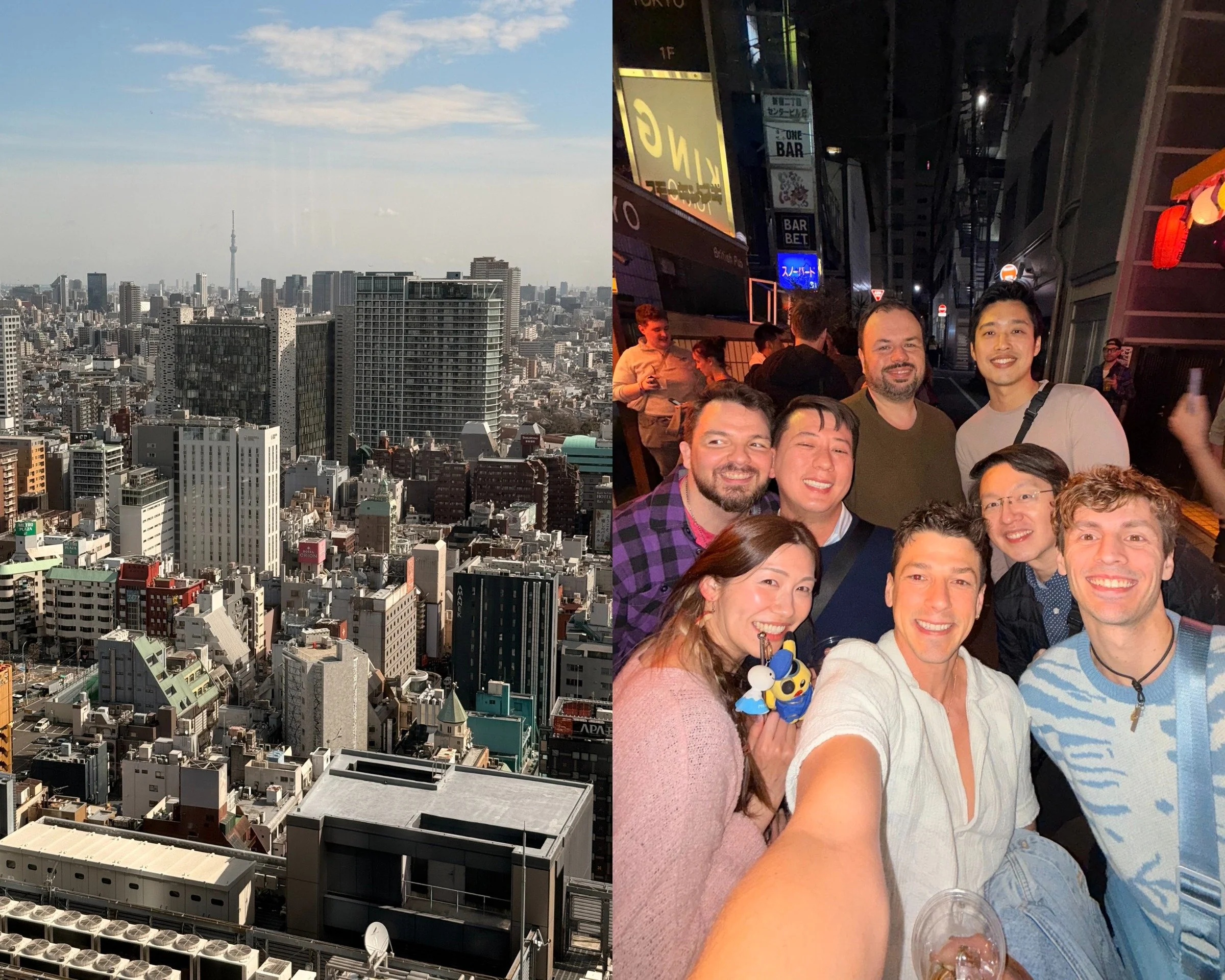 Tokyo skyline with Skytree in the distance alongside a group selfie on a neon-lit Ni-chome bar alley at night.