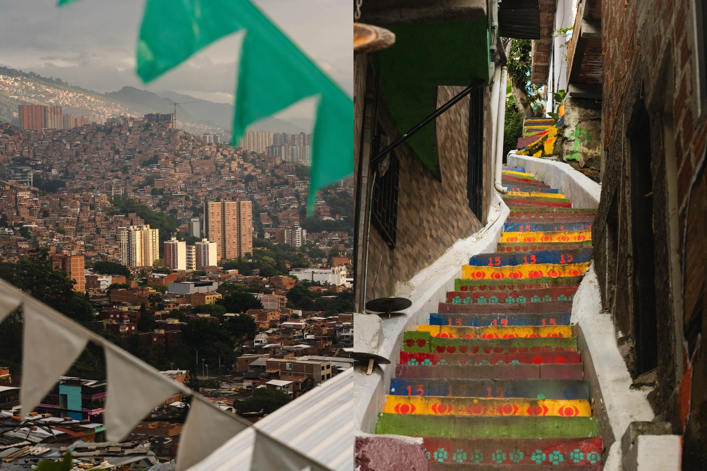 Colorful painted stairs in Comuna 13 alongside a sweeping hillside cityscape of Medellín, Colombia.