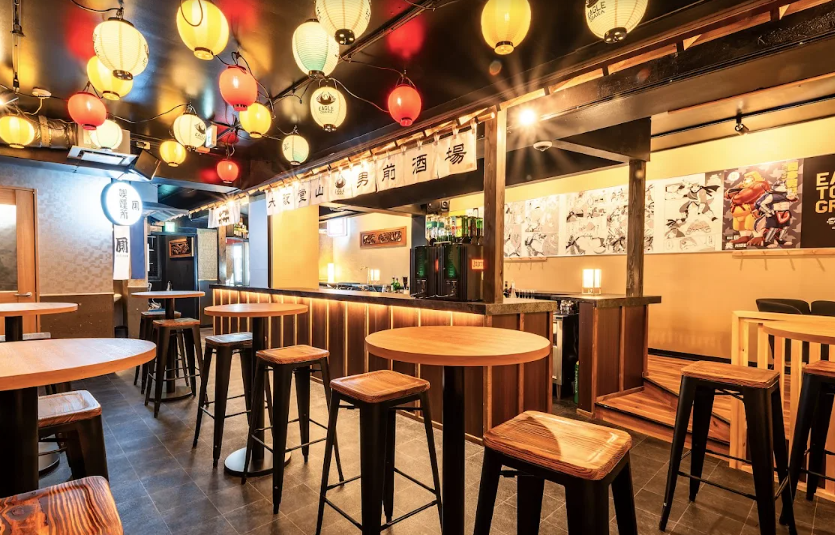 Empty Japanese bar with tables and chairs