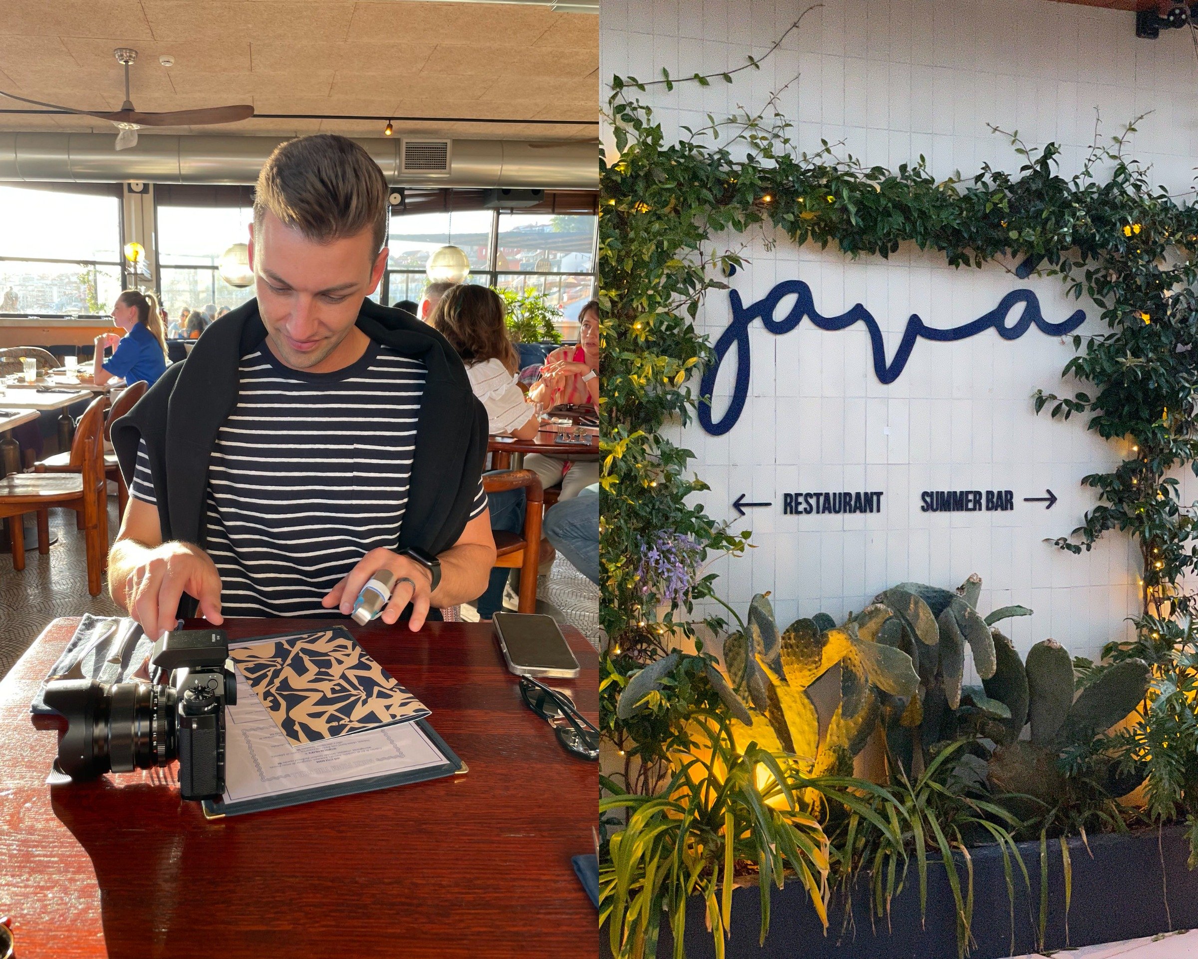 Man reviewing menu with camera at Java Restaurant and Summer Bar in Lisbon, Portugal.