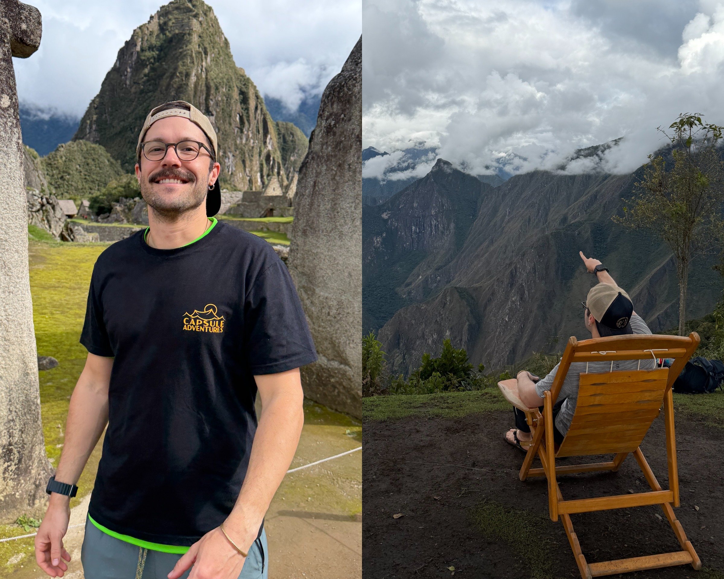 Traveler smiling among Machu Picchu stone ruins with Huayna Picchu peak behind him, and a hiker pointing toward Andean peaks from a deck chair.