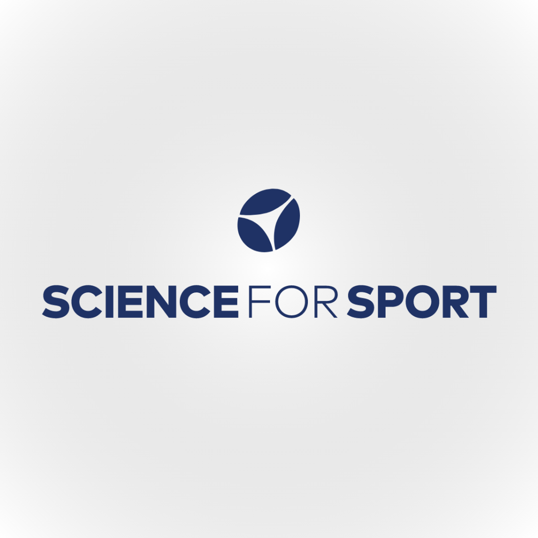 Logo for Science for Sport, featuring a navy blue circular icon with three leaf-like shapes inside, and the text 'SCIENCE FOR SPORT' in navy blue capital letters beneath.