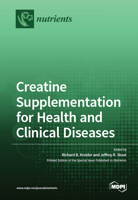Cover of a publication titled "Creatine Supplementation for Health and Clinical Diseases" with a green background, a logo with chemical structures and a plant, and text indicating it's edited by Richard B. Kreider and Jeffrey R. Stout.