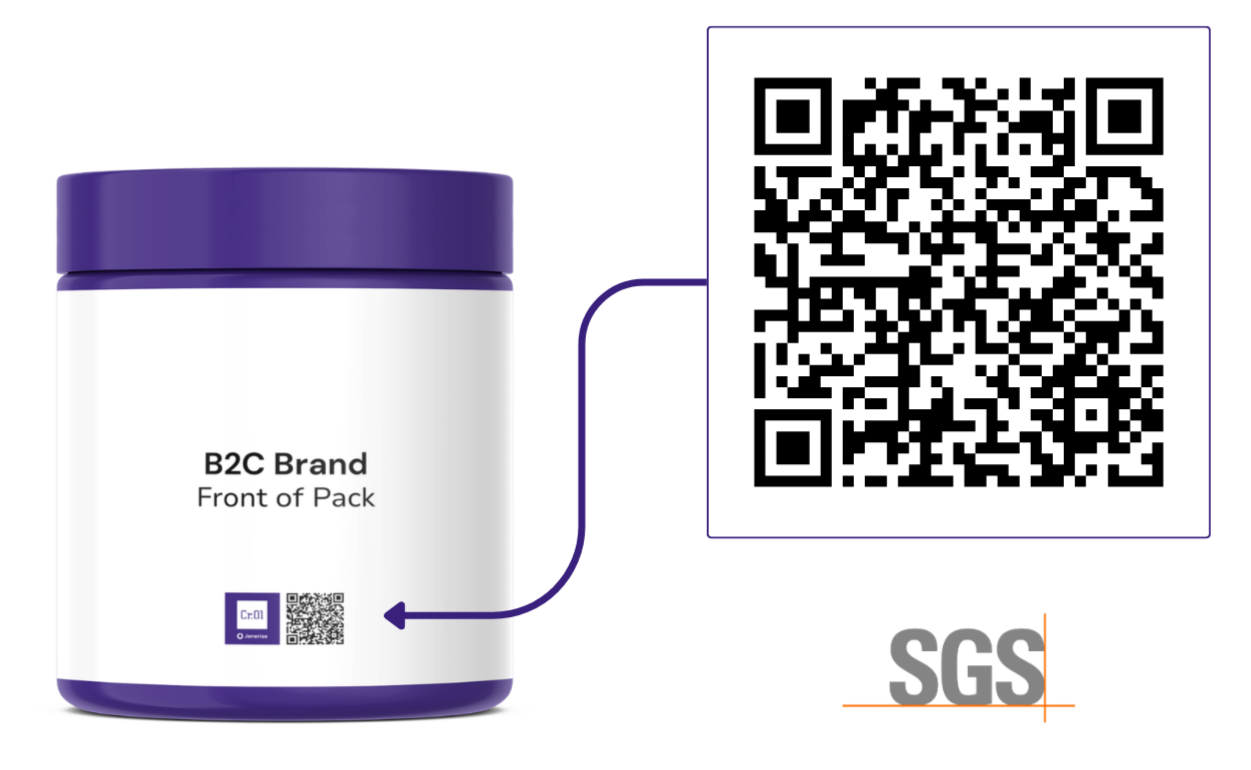 A white container with a purple lid, labeled 'B2C Brand Front of Pack' with a small QR code and an SGS logo at the bottom, and a large QR code next to it for scanning.
