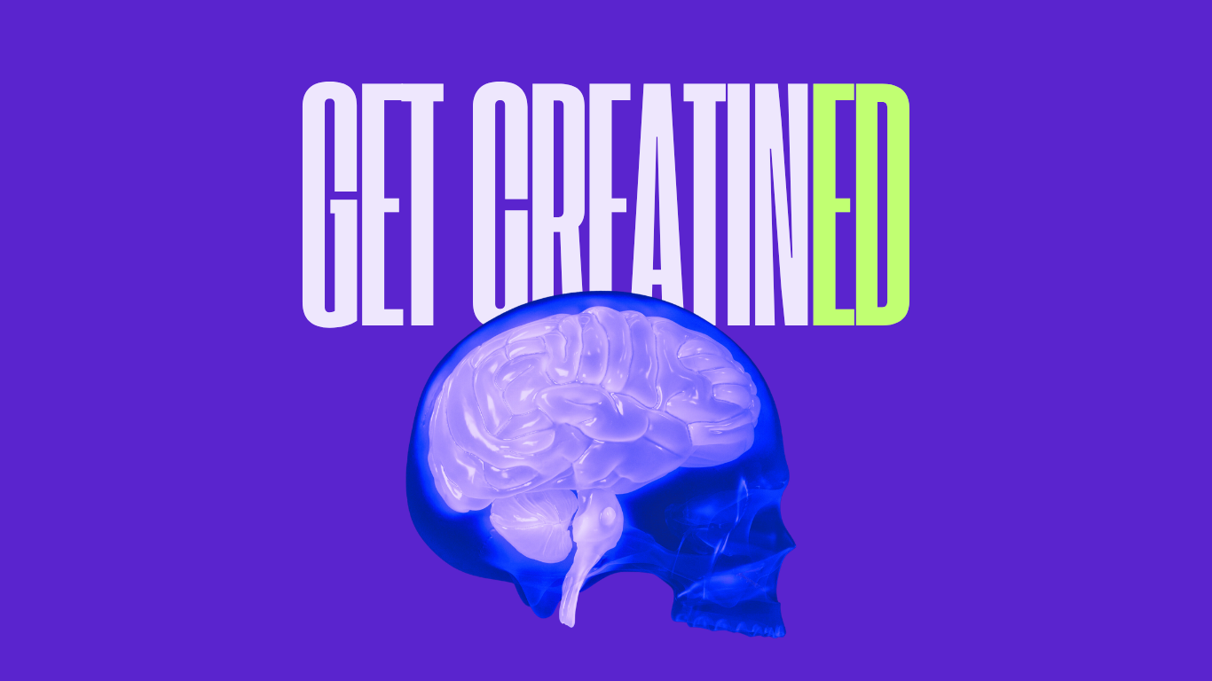 A digital graphic with purple background, featuring a glowing purple brain image overlaid on a human skull silhouette, and the words 'Get Created' in large, colorful letters.