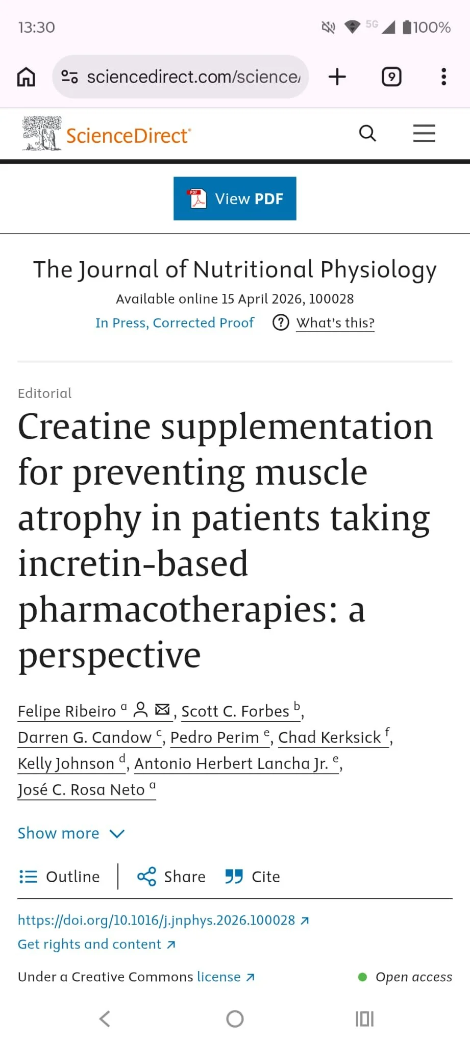 Screenshot of a scientific journal article titled "Creatine supplementation for preventing muscle atrophy in patients taking incretin-based pharmacotherapies: a perspective" from The Journal of Nutritional Physiology, with authors Felipe Ribeiro, Scott C. Forbes, Darren G. Candow, Pedro Perim, Chad Kerksick, Kelly Johnson, Antonio Herbert Lancha Jr., and José C. Rosa Neto.
