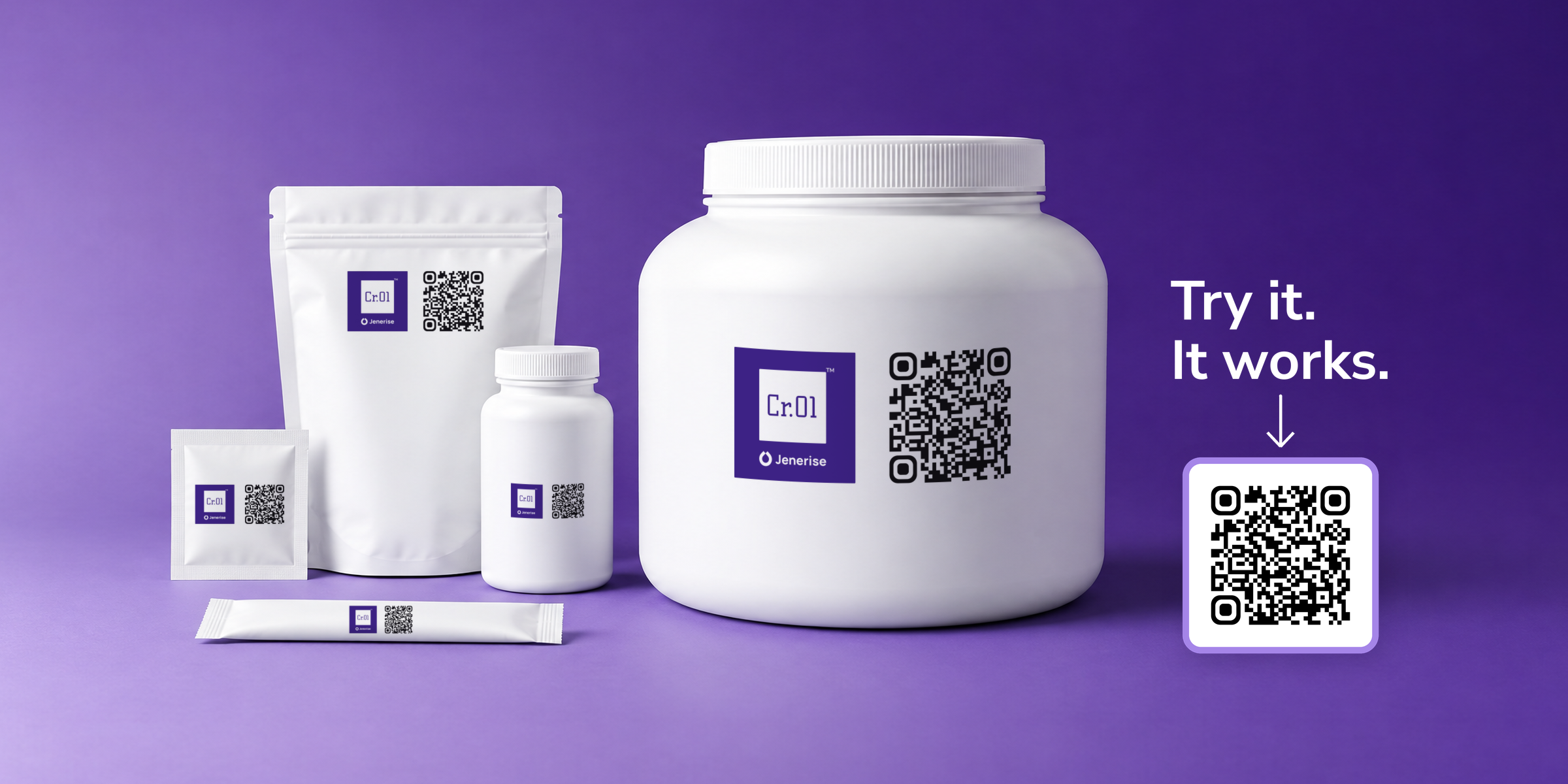 Various bottles and packets of a dietary supplement labeled 'Cr.01' with QR codes, displayed on a purple background. Text reads 'Try it. It works.'