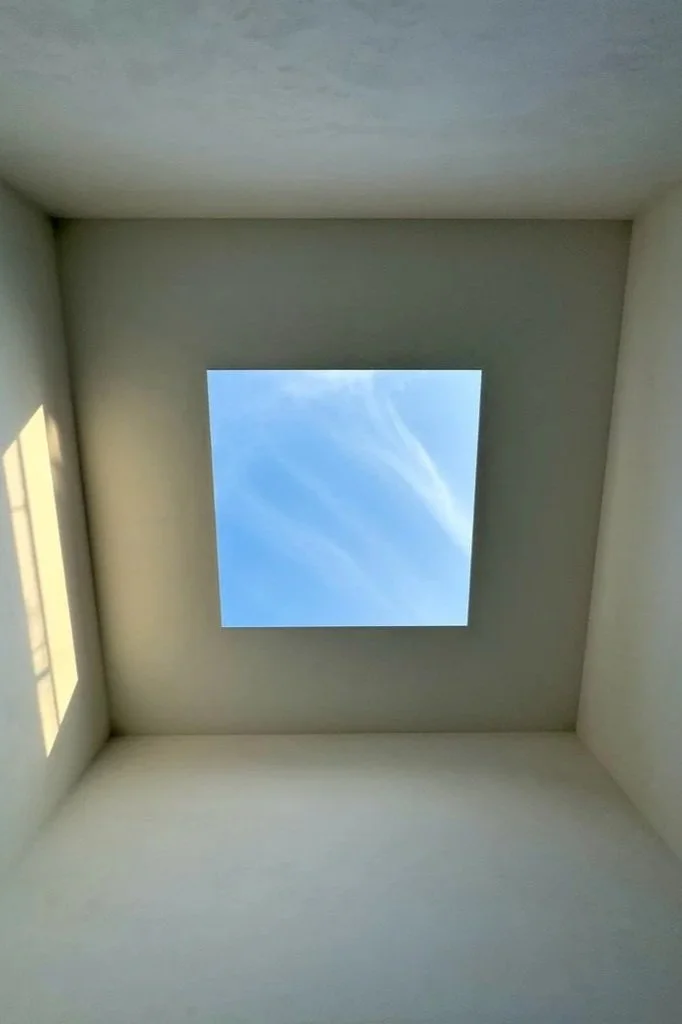 Innenraum eines quadratischen Fensters mit Blick auf blauen Himmel und Wolken.