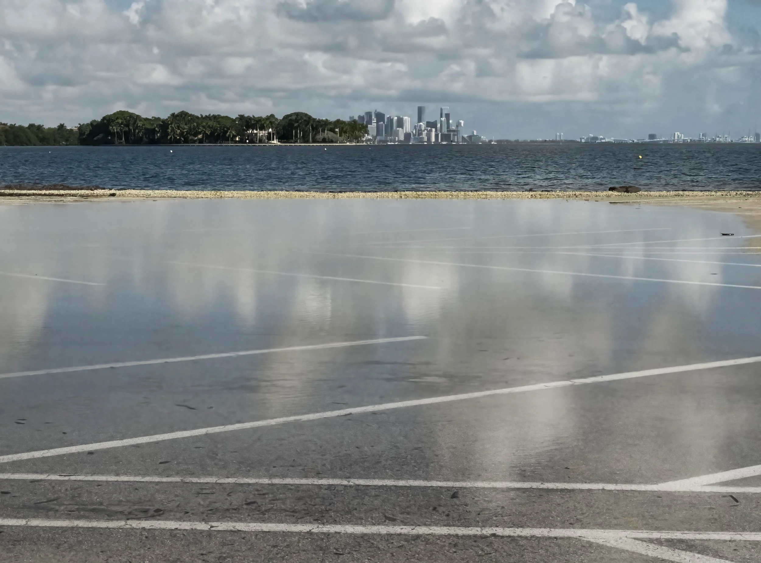 King Tide Flooding Parking Lot Overlooking Miami, Reflection, Miami, 2024. Rana A Fine.
