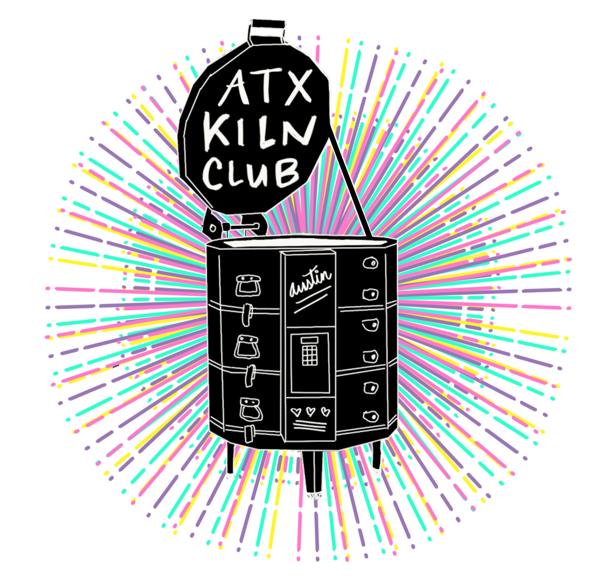A black chalkboard labeled 'ATX KILLER CLUB' with a megaphone on top, surrounded by colorful, radiating lines creating a vibrant, comic-style background.