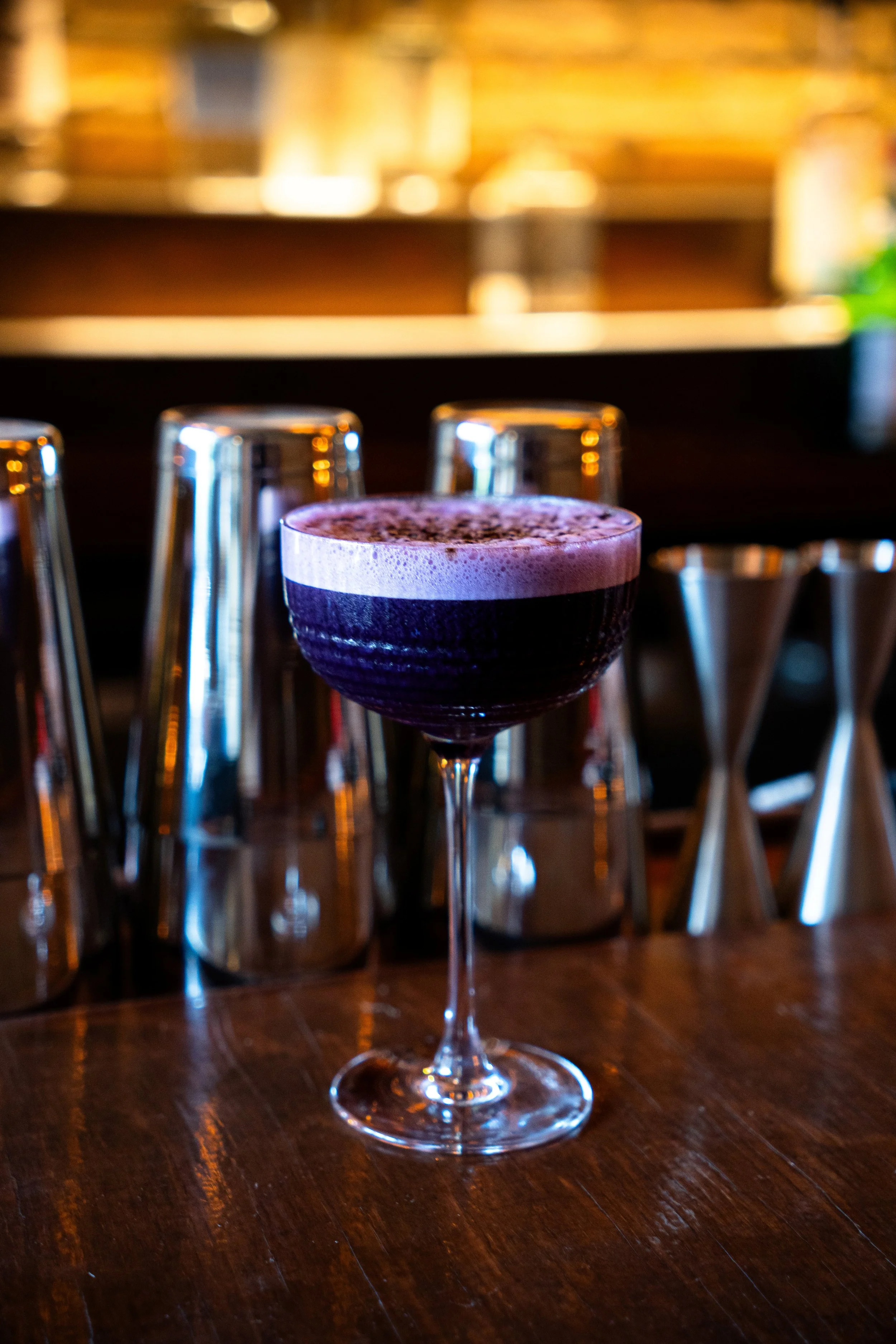 50 Shades of Purple is one of Gunny’s most colorful signature cocktails, combining rum, crème de cacao, passionfruit, ube, lychee tea syrup and lime. Fruity, tropical and slightly creamy with a striking violet color, it’s a playful original from our 