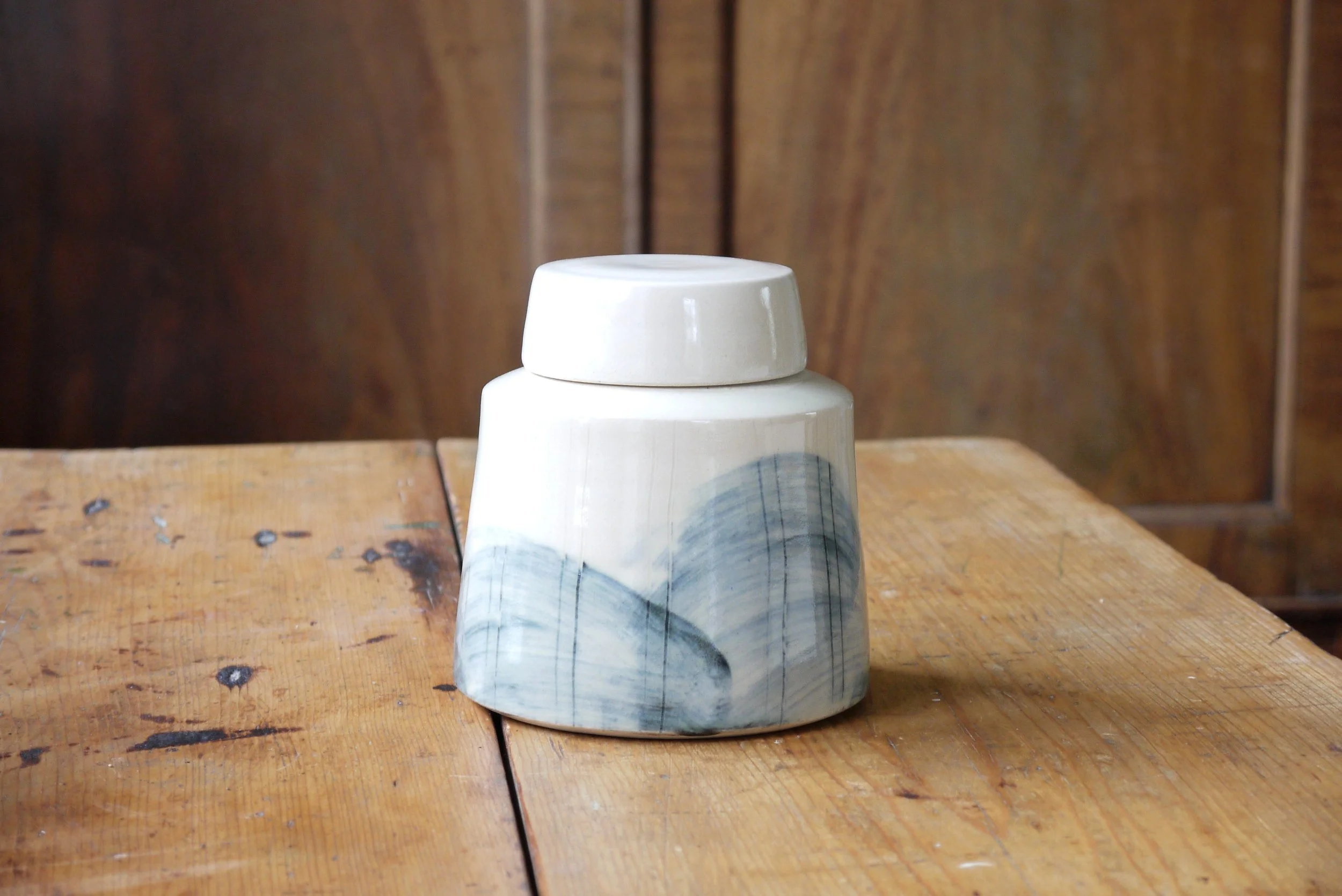 Bridget Timoney blue and white ceramic tea caddy 1a.JPG