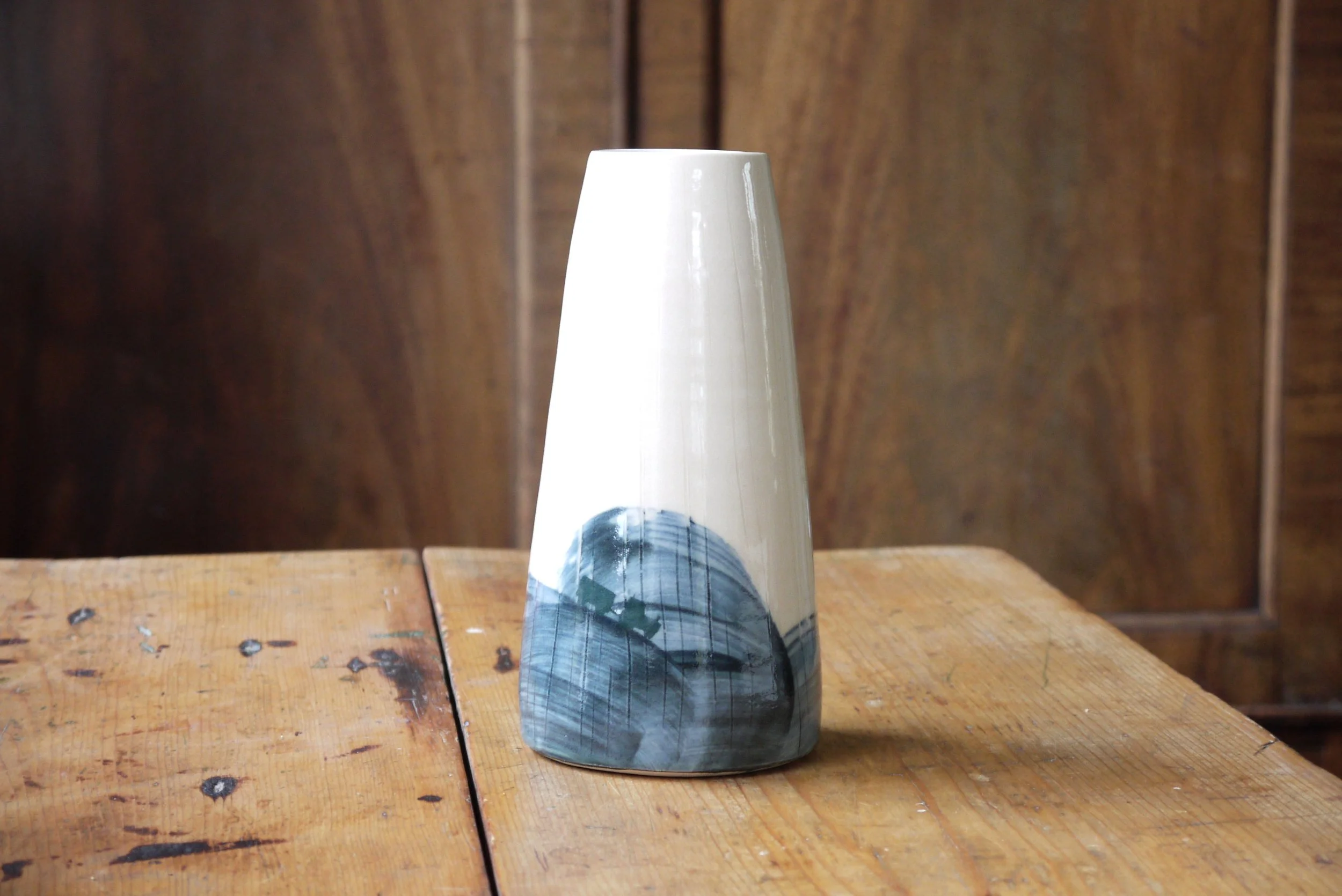 Bridget Timoney blue and white ceramic tall vase 1a.JPG