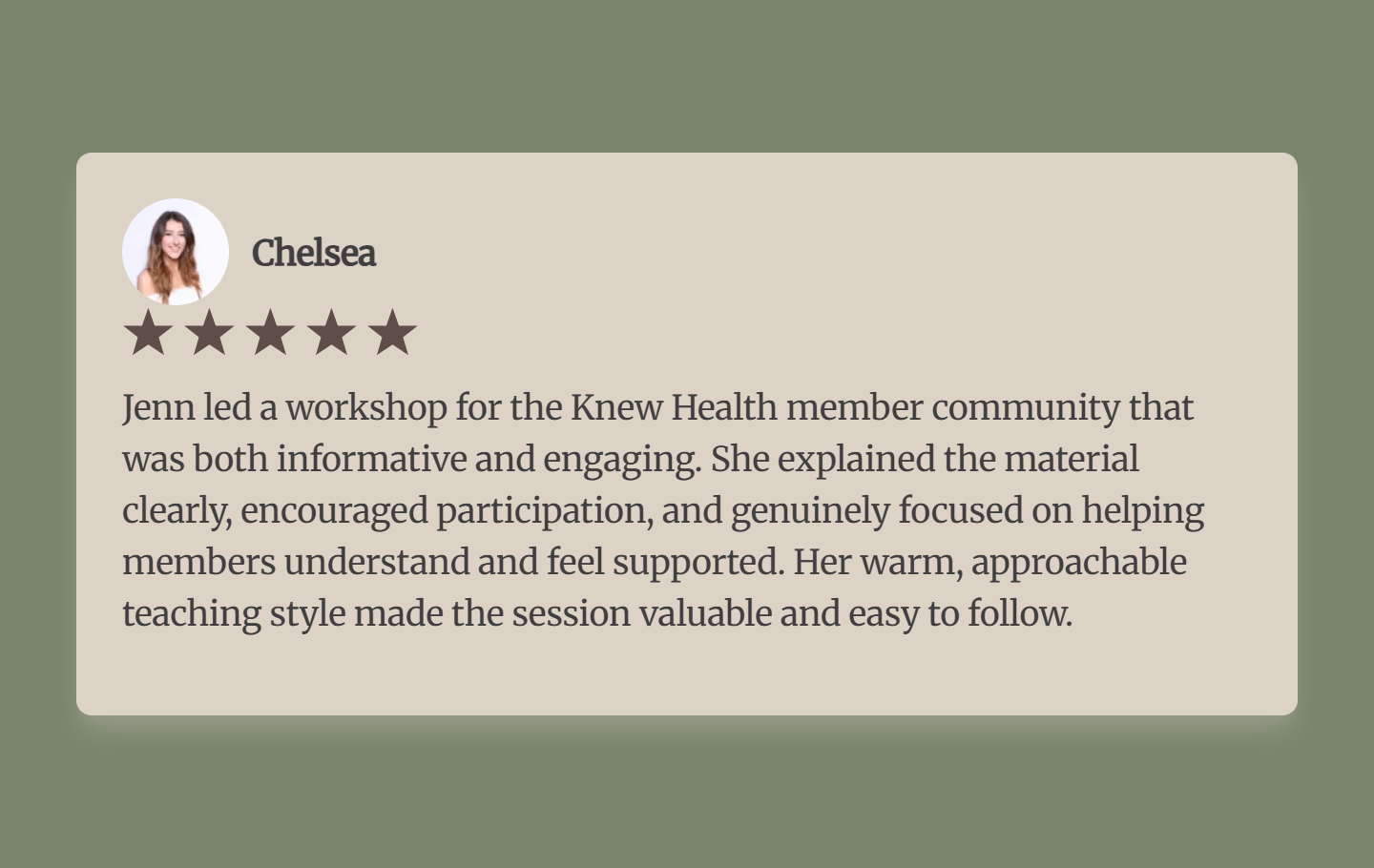 Workshop review with a photo of Chelsea, five-star rating, and positive feedback about Jenn's engaging teaching style.