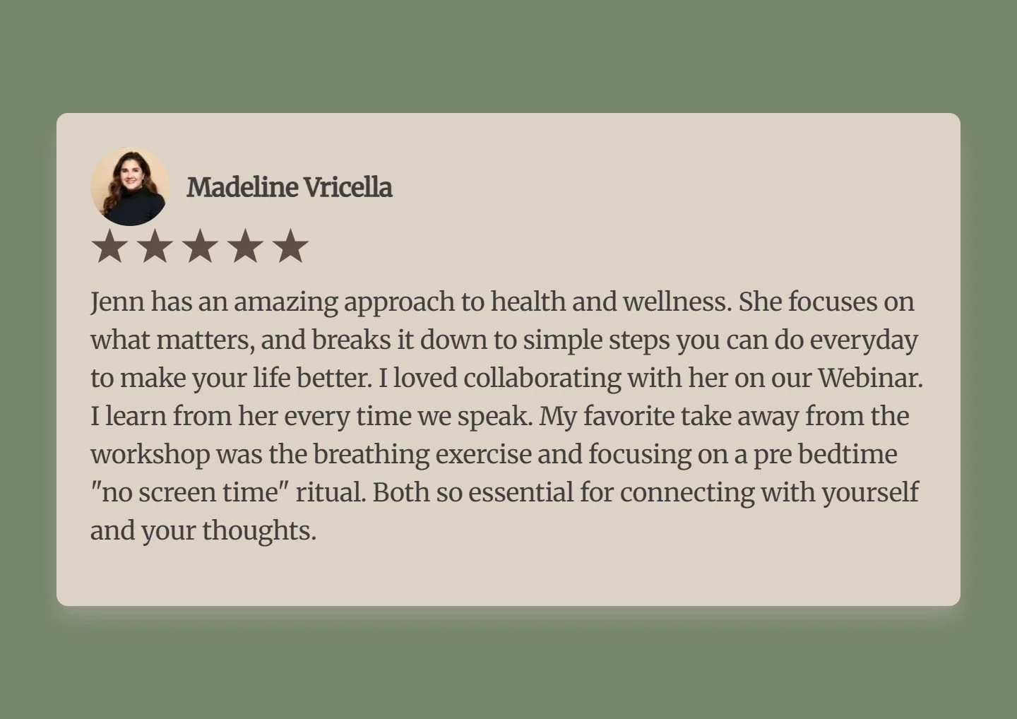 A testimonial card with a profile picture of Madeline Vricella, a five-star rating, and a review praising Jenn's approach to health and wellness, her webinars, and breathing exercises.