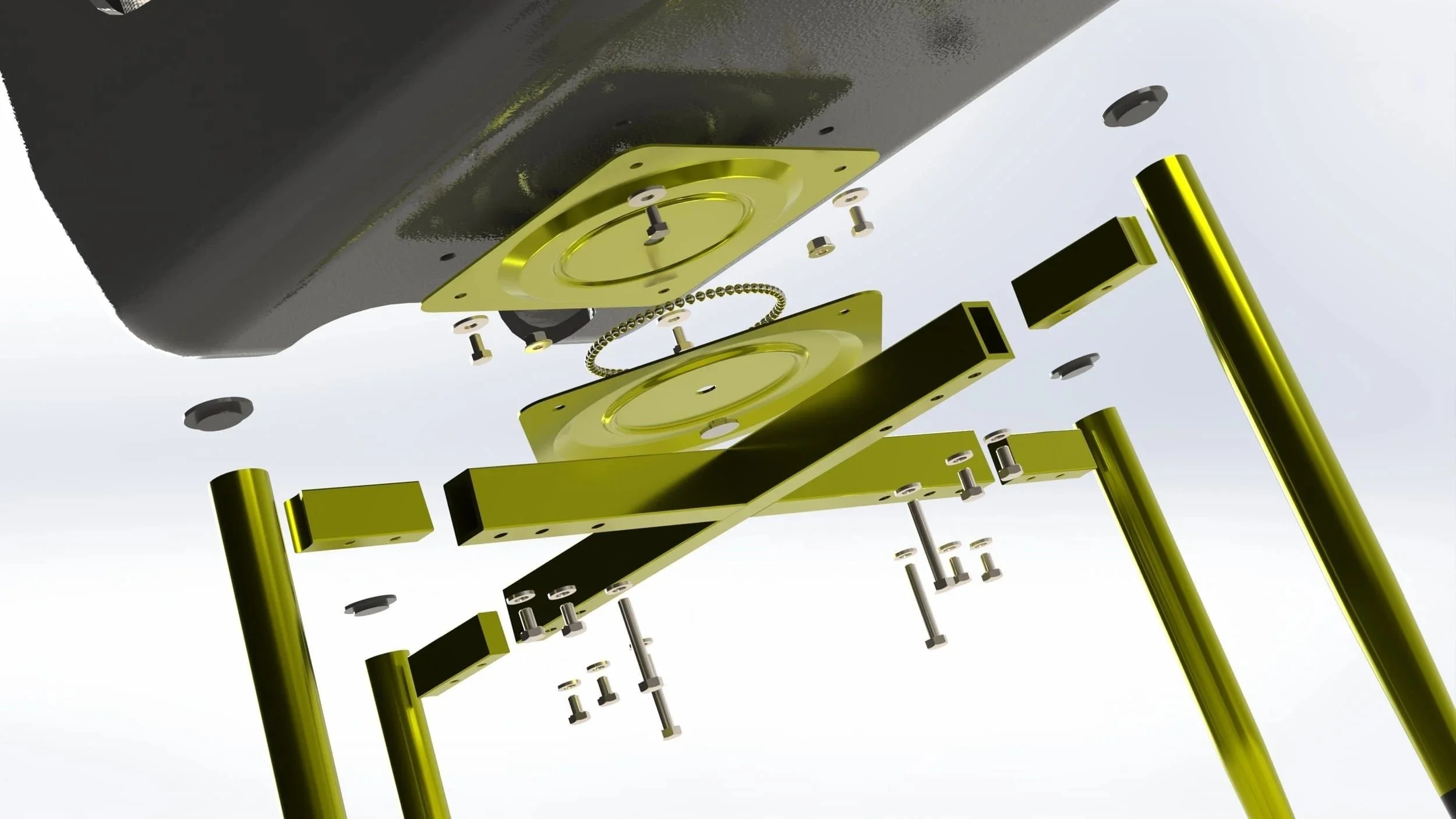 Exploded view of the bottom of a dining chair, revealing fasteners and the mechanical makeup to assemble the parts.