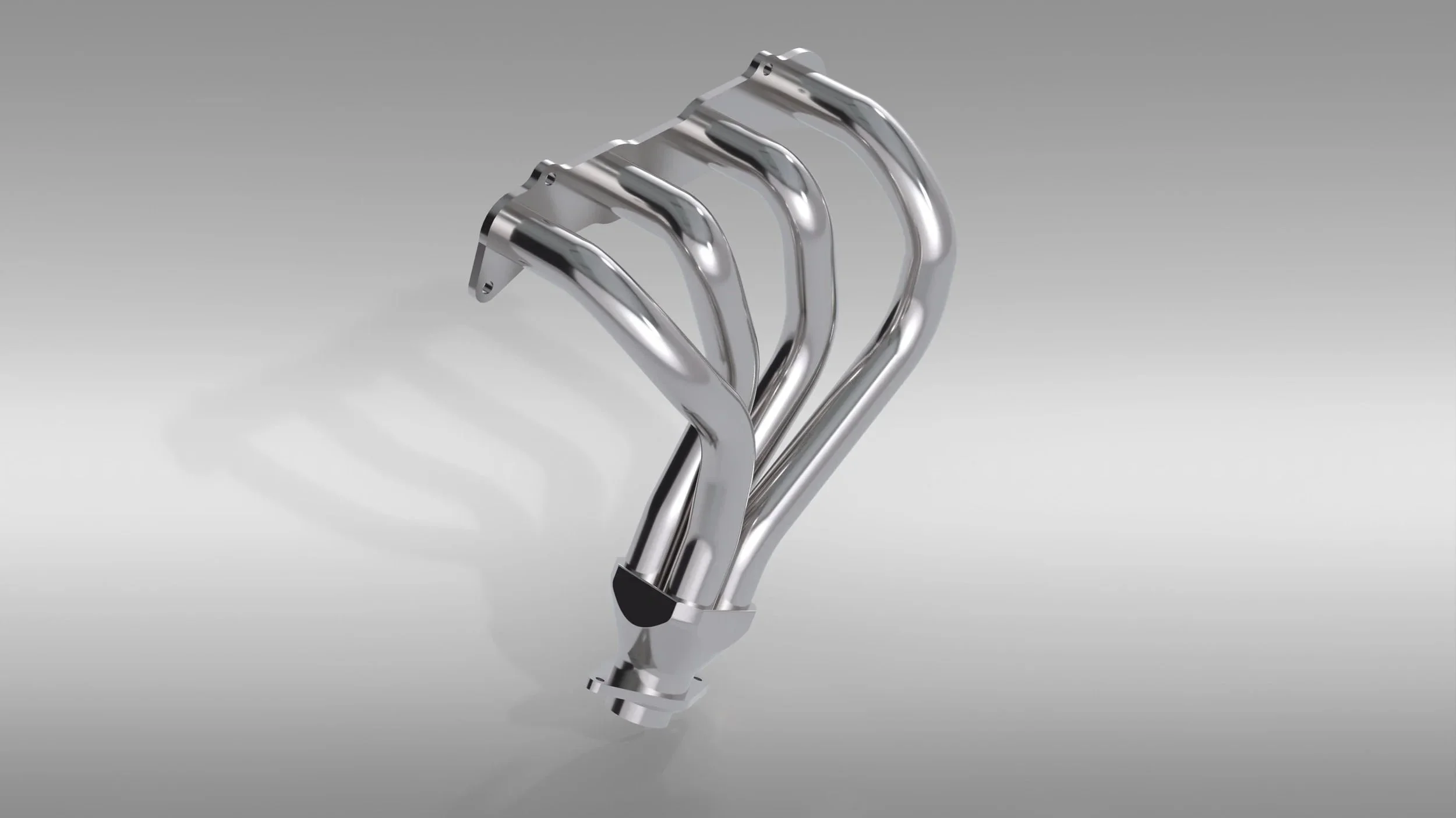 A clean exhaust manifold rendered in CAD. The polished surface bounces light off of adjacent pipes for a refined appearance.