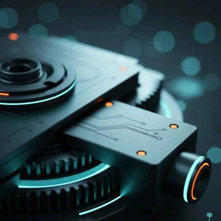 Hero shot of a mechanical model concept from the future. Illuminated to represent advanced engineering design.