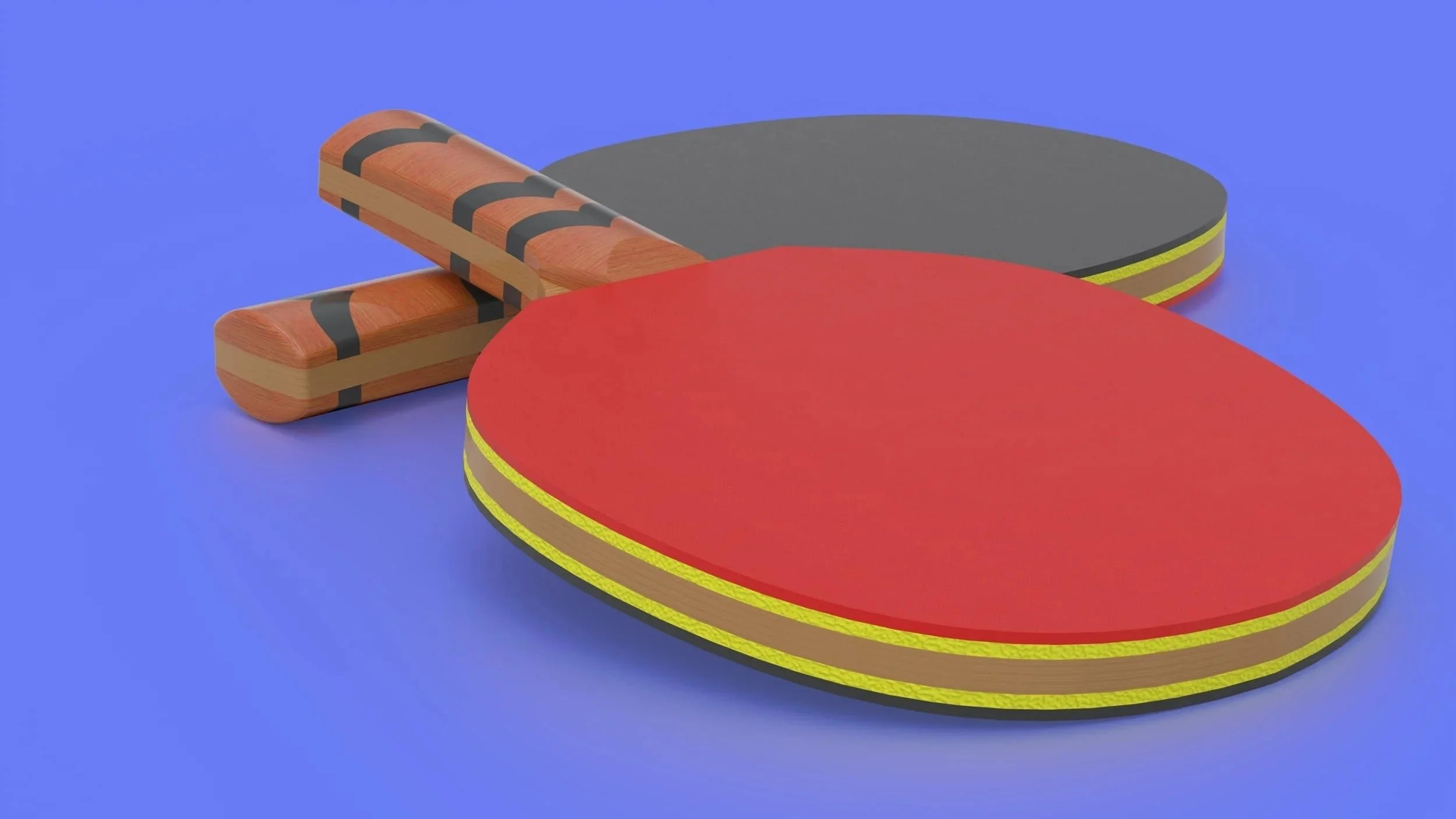 3D rendering of 2 table tennis paddles. One with the red rubber showing while the other with the black.