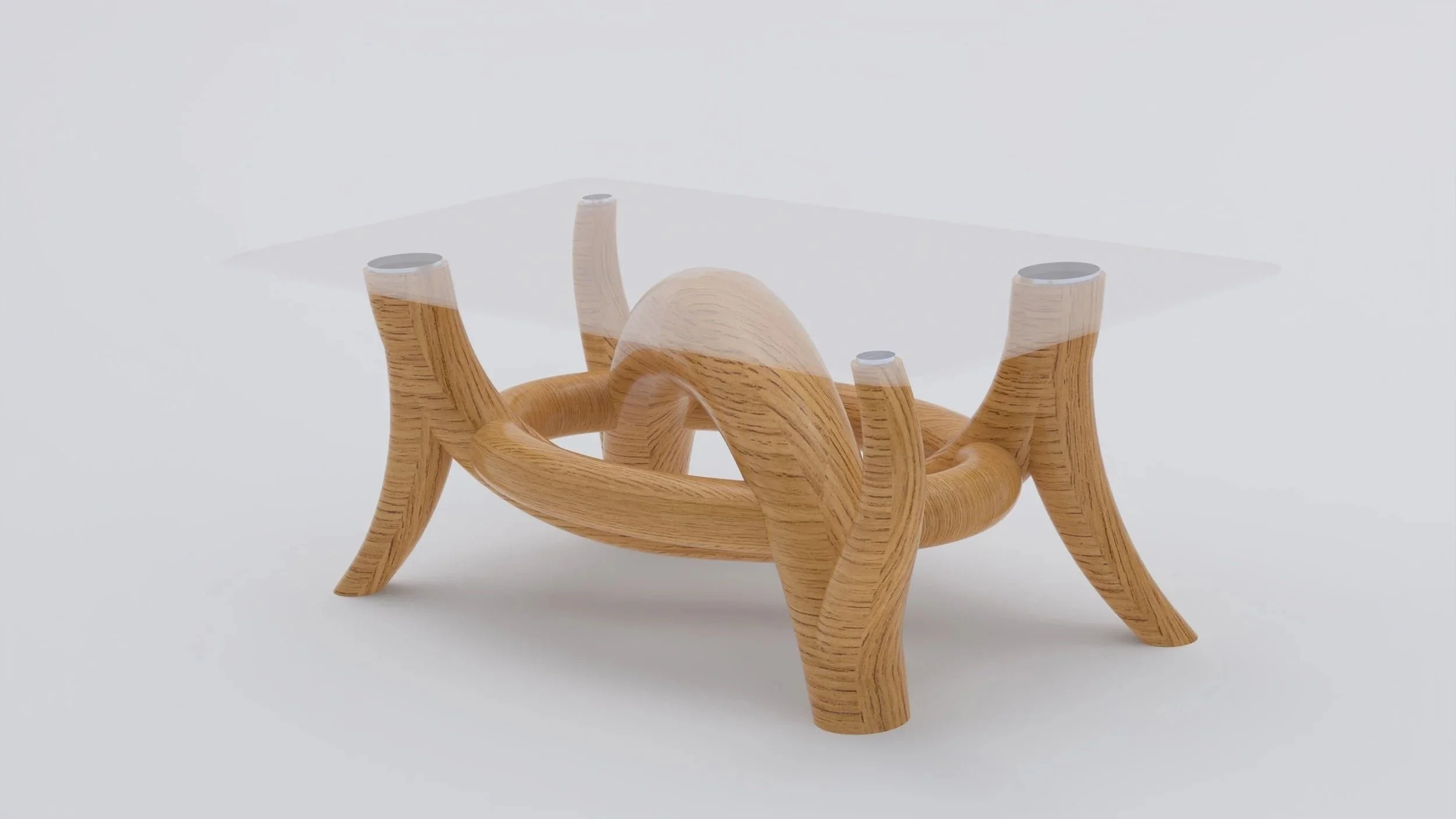 Concept of a wooden table for a  dining room designed by a product design firm. The model features curved legs and glass.