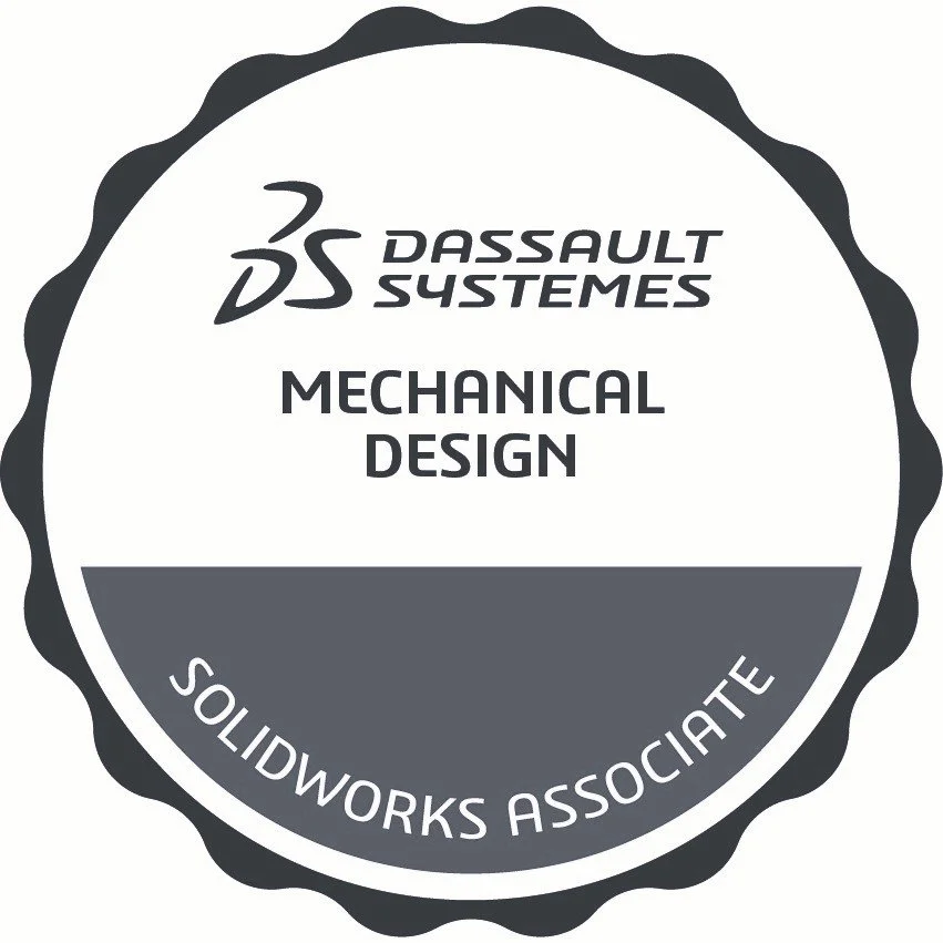 A badge for a CSWA granted by Dassault Systemes. The badge is circular shaped and contains the words mechanical design.