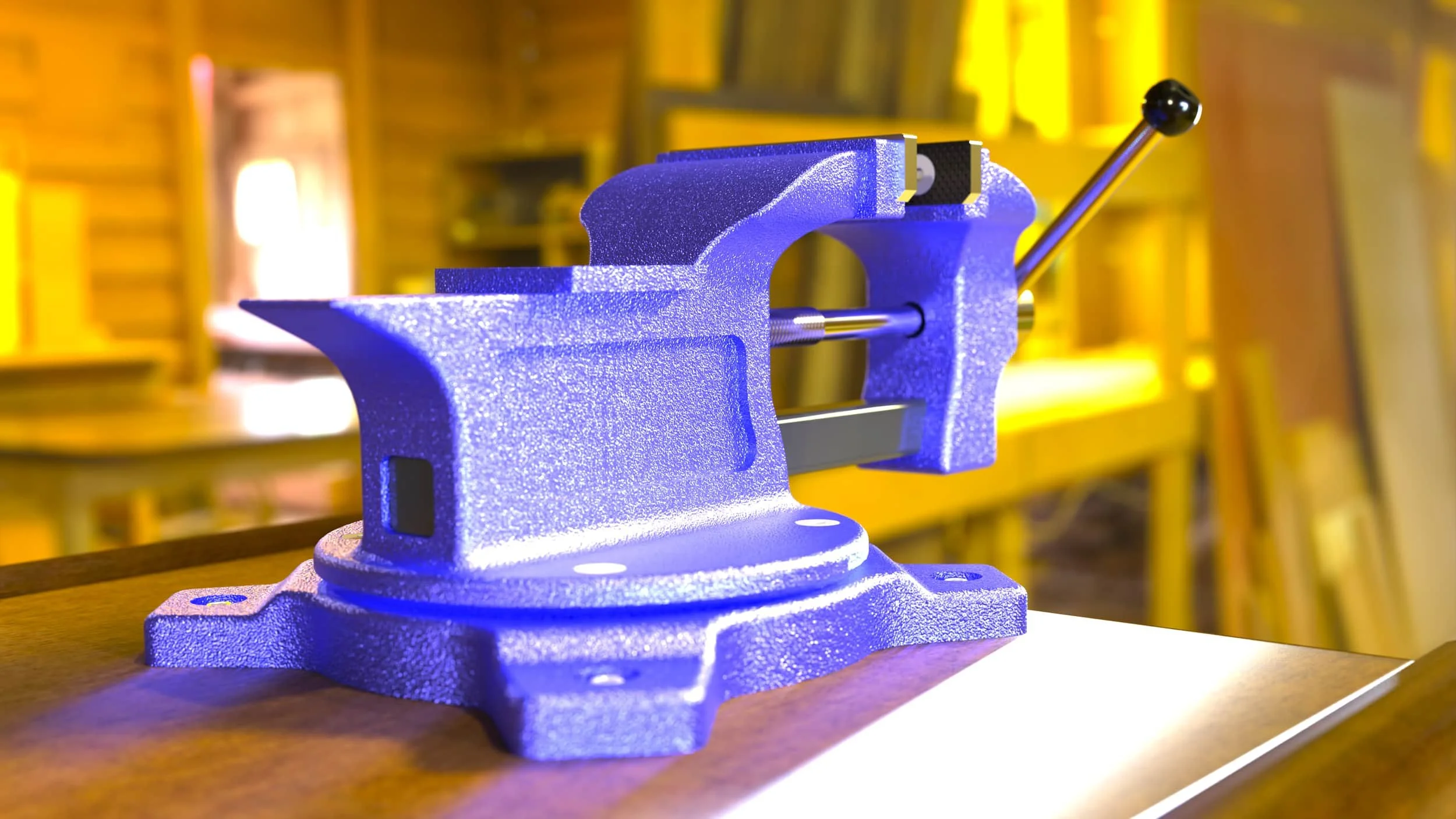 Blue bench vise prototype modeled for workshop tooling