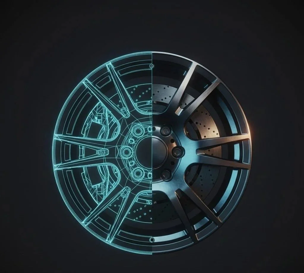 Iron Man like 3D rendering of an automotive wheel. The image uses advanced lighting to illuminate textures to show quality.