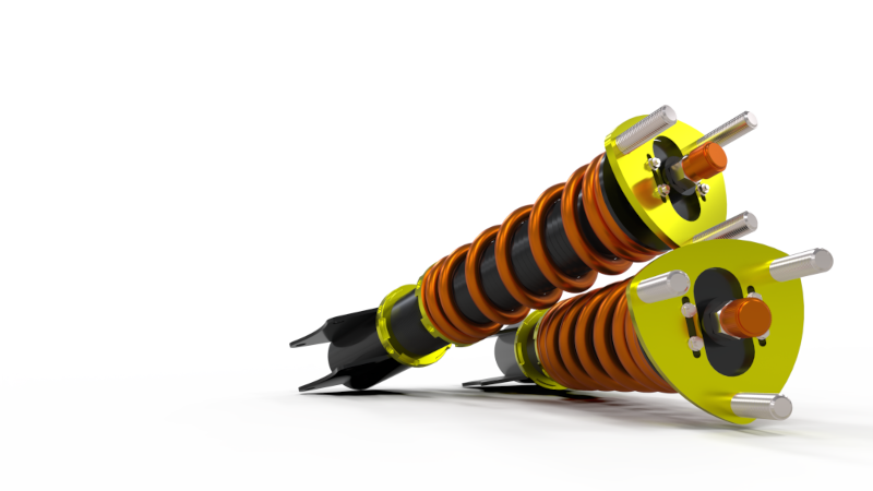 Detailed close-up of an automotive suspension showcasing engineering-focused intent of a product development company.