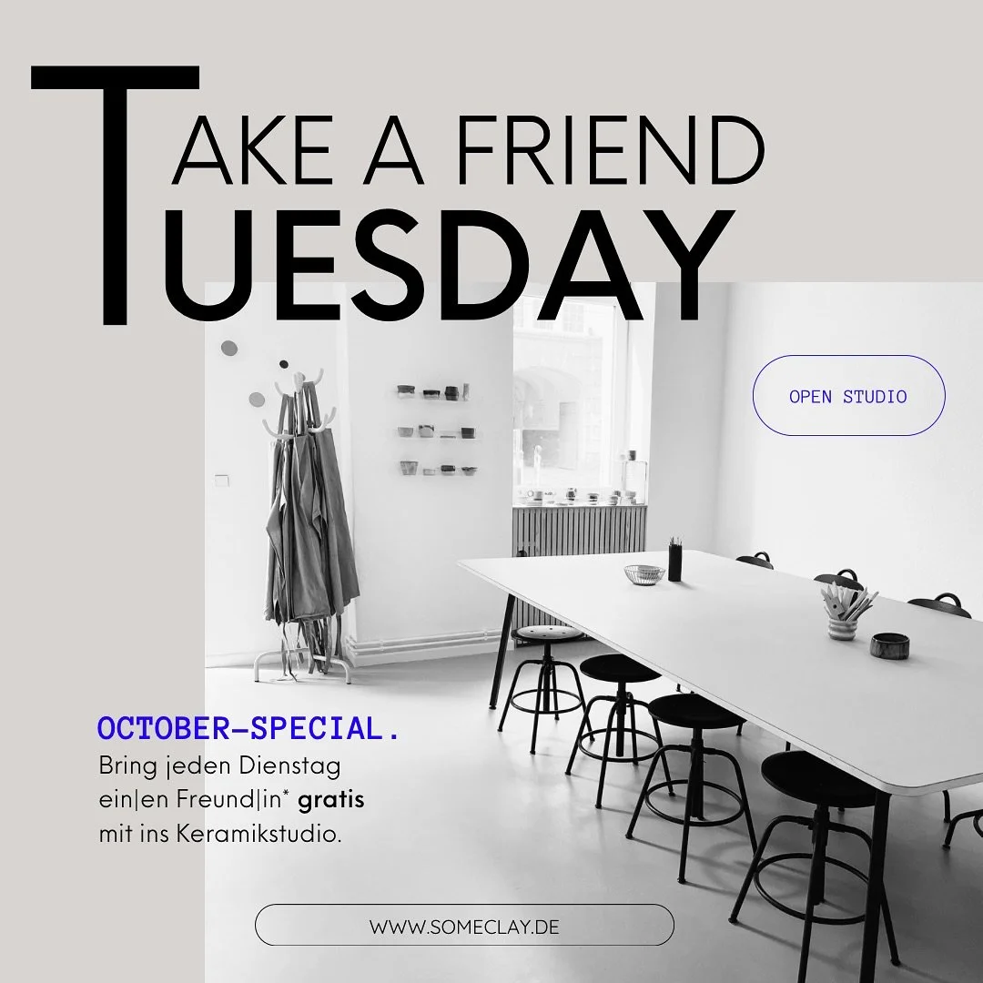 🔆 OCTOBER-SPECIAL: Dienstag 🟰 Freundetag.
7./14./28.10. &bull; 19-21.30
> Jetzt anmelden unter www.someclay.de/openstudio (Link in Bio)
[*das Angebot gilt je Frend|in 1x]
.
.
.
#takeafriendtuesday #keramikstudio #pottery #keramik #diy #offenewer
