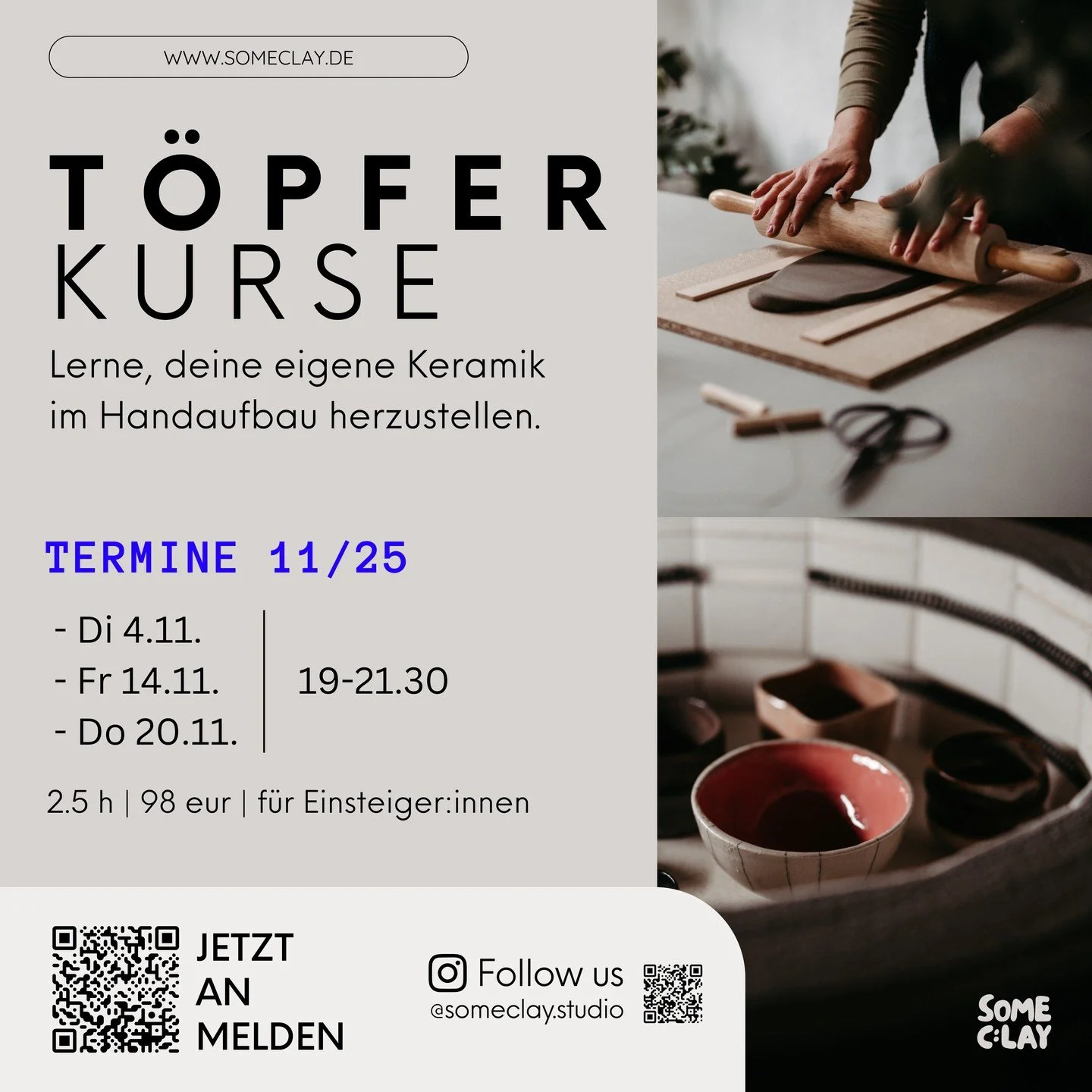 ✨ M&ouml;chtest du lernen, deine eigene Keramik herzustellen? 

Im November startet&nbsp;unser&nbsp;T&ouml;pferkurs f&uuml;r Anf&auml;nger:innen.&nbsp;In kleiner Runde lernst du die Grundlagen des Handaufbaus und gestaltest dein erstes eigenes St&uum