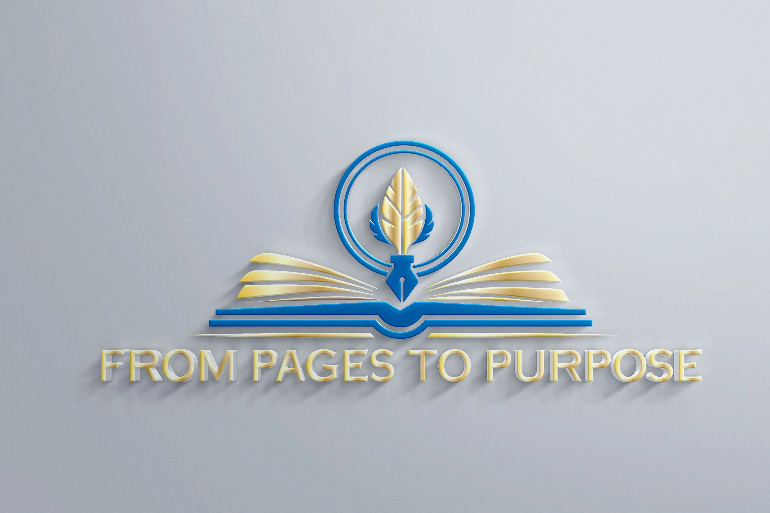 A logo featuring an open book with a feather pen in the center, encircled by two rings, with the text 'From Pages to Purpose' beneath it.
