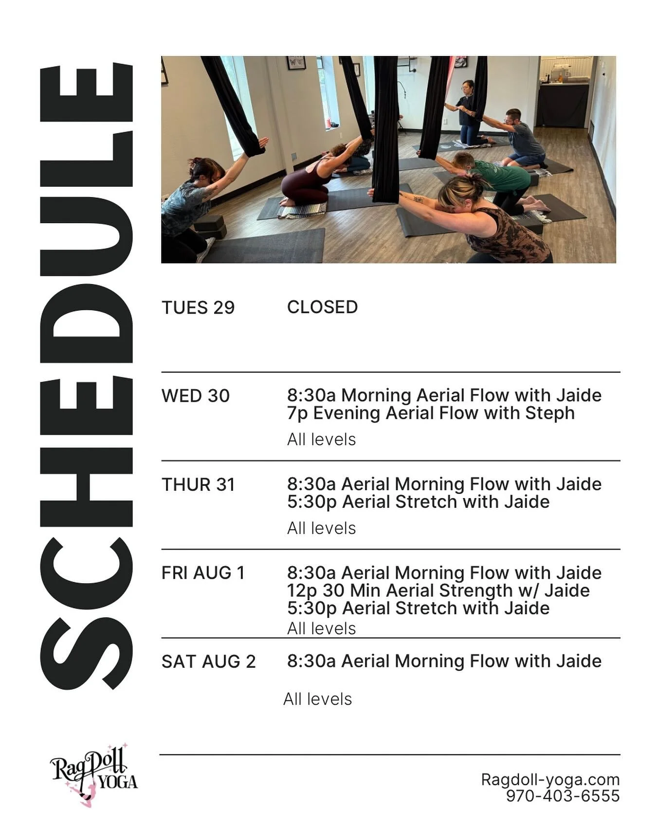 Here&rsquo;s this week&rsquo;s schedule! Can&rsquo;t wait to hang with you guys. #yoga #aerialyoga #suspentionyoga #grandvalleyyogafest #grandvalleyyoga #grandjunctionyoga #gjyoga #downtowngj