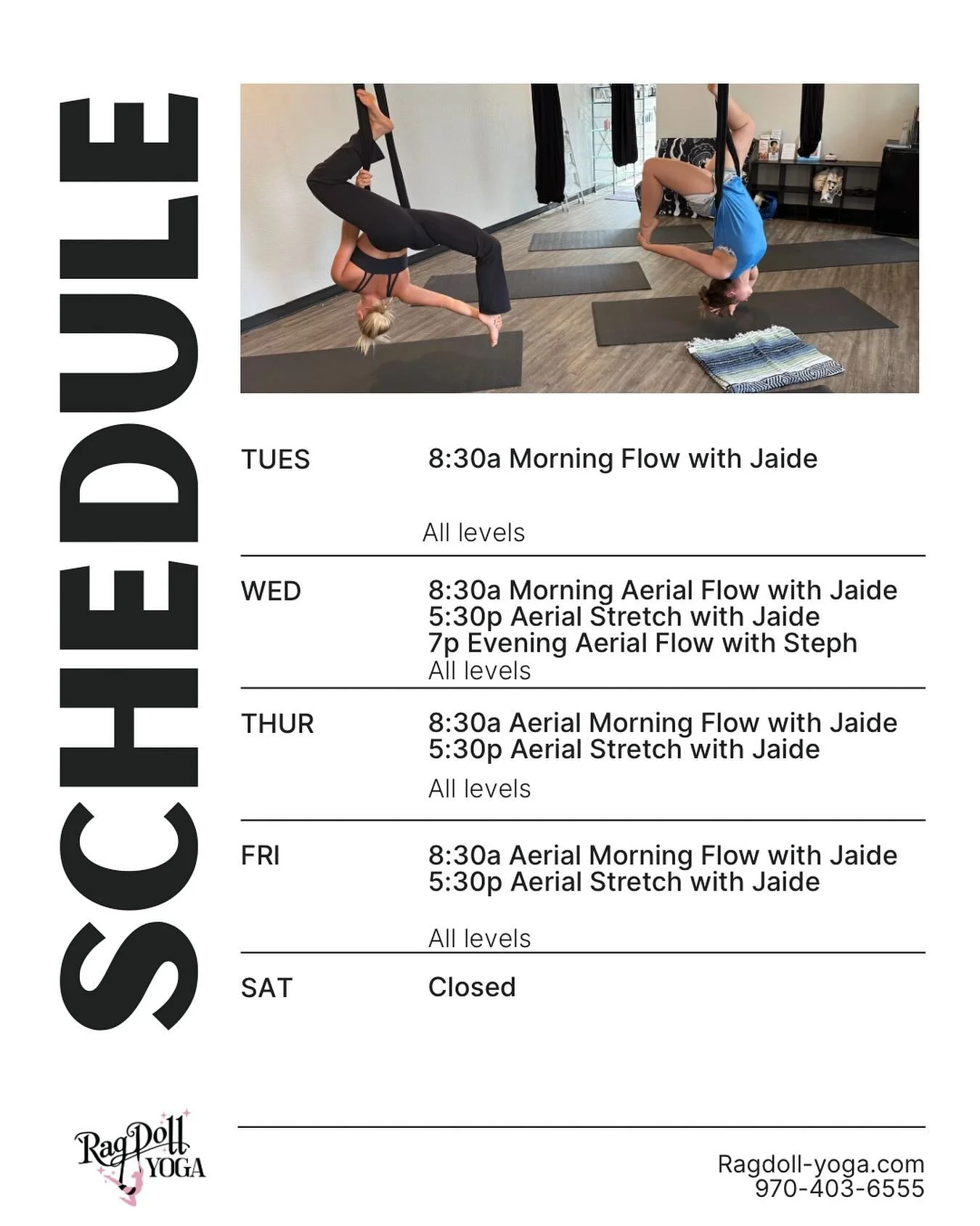 This week&rsquo;s schedule! We are working on adding more classes in with more variety! We will be introducing some floor yoga classes this month. Let us know what times would work best for you! Come hang with us 🩷 #yoga #aerialyoga #suspentionyoga 
