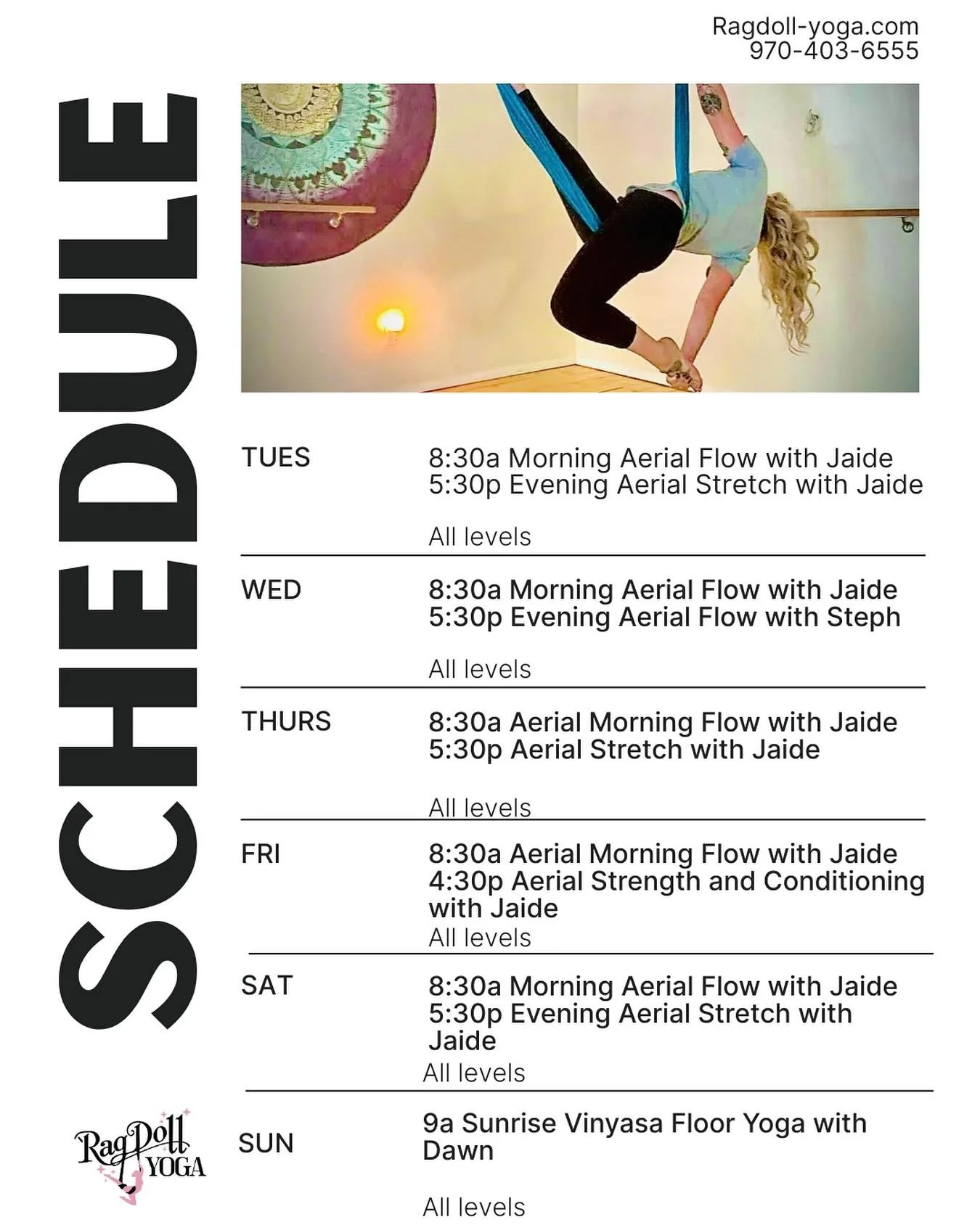 Sorry we are a little late getting the schedule out this week! ✨This week&rsquo;s flow is LIVE!✨
We&rsquo;ve got fresh energy, new chances to hang in the silks, and space for YOU. 🧘&zwj;♀️💫

👉 Tell us: what class times work best for your schedule?