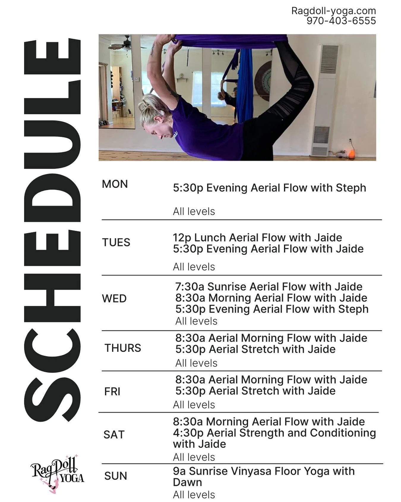 ✨ Flow into your week with us at RagDoll Yoga ✨
Your mat (or hammock 😉) is waiting &mdash; here&rsquo;s this week&rsquo;s schedule:

Whether you&rsquo;re grounding on the mat or flying in the silks, there&rsquo;s a class for every mood, every body, 