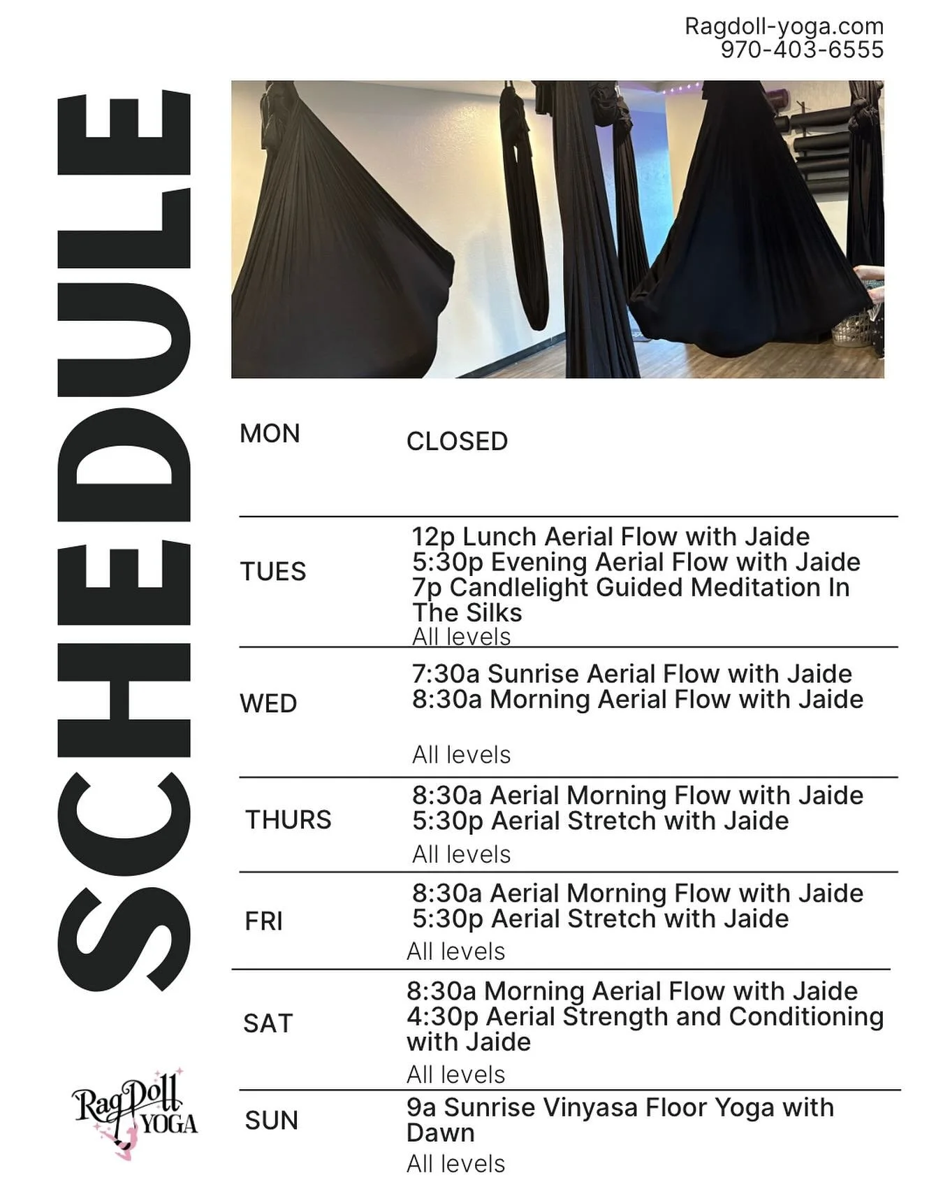 🧘&zwj;♀️ Weekly Schedule
🌞 Morning Flows &ndash; Energize your day with mindful movement and breath
🌙 Evening Aerial + Floor Yoga &ndash; Melt away stress and restore balance
💪 Strength &amp; Stretch Sessions &ndash; Build flexibility and tone wh