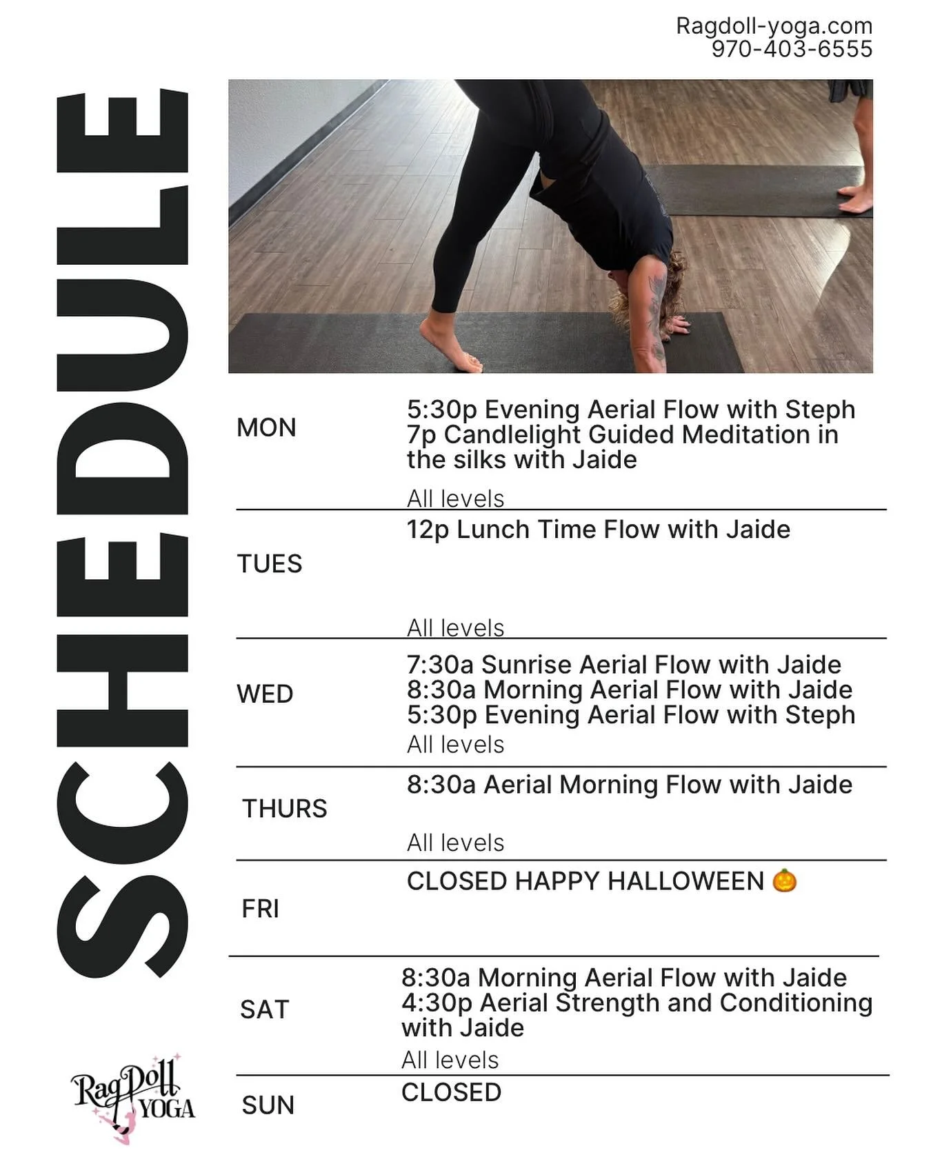 🖤 Spooky Season Flow Alert! 🖤
This week&rsquo;s yoga classes are full of magic, movement, and a little mischief! 👻
Step into the silks, ground into your mat, and let&rsquo;s stretch out those spooky vibes. 🕷️✨

🎃 This Week&rsquo;s Schedule:
🕸️ 