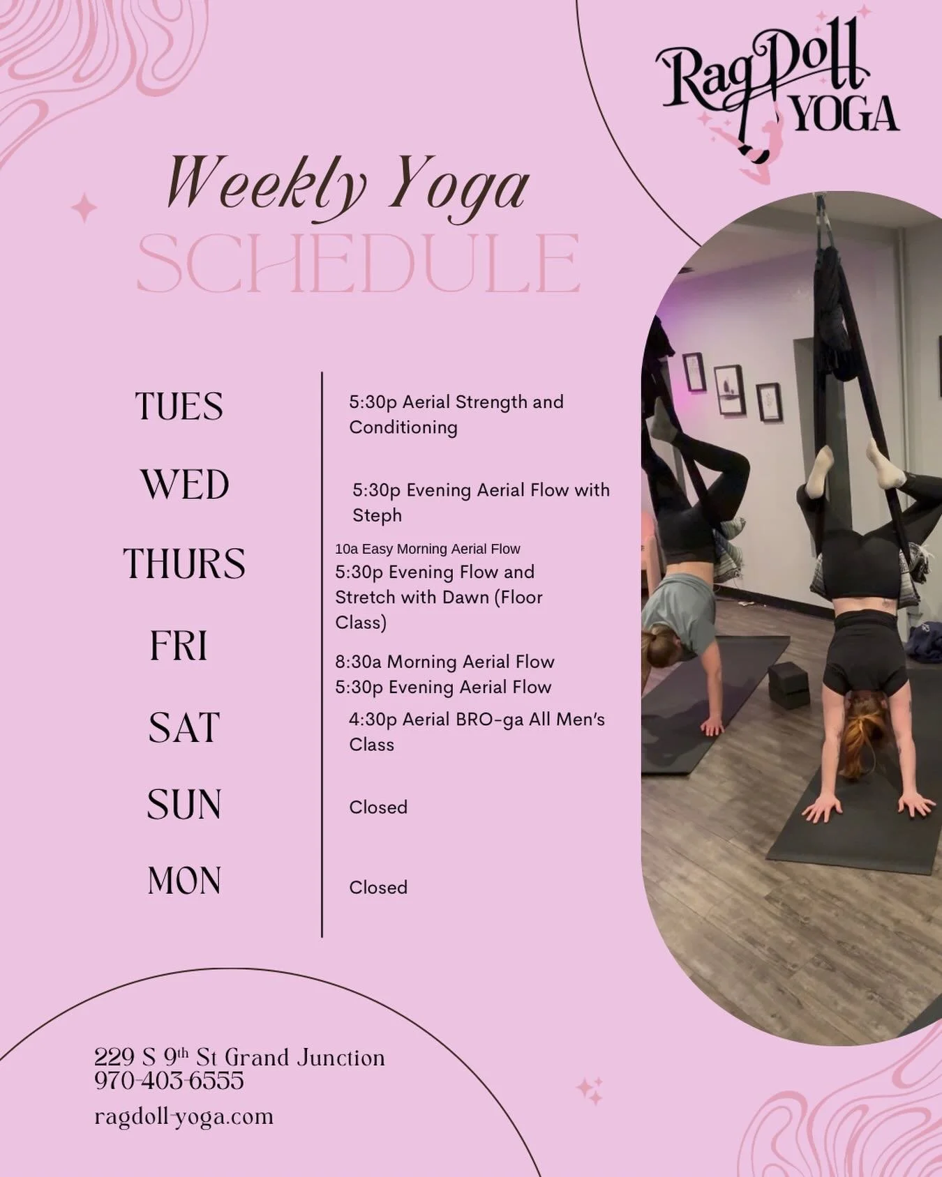 ✨ This Week&rsquo;s Yoga Schedule ✨

Take a moment for yourself and join us on the mat (or in the silks!) this week. Whether you&rsquo;re looking to move, stretch, unwind, or simply breathe, there&rsquo;s a class for you 💫

🧘&zwj;♀️ Aerial Yoga
🧘&