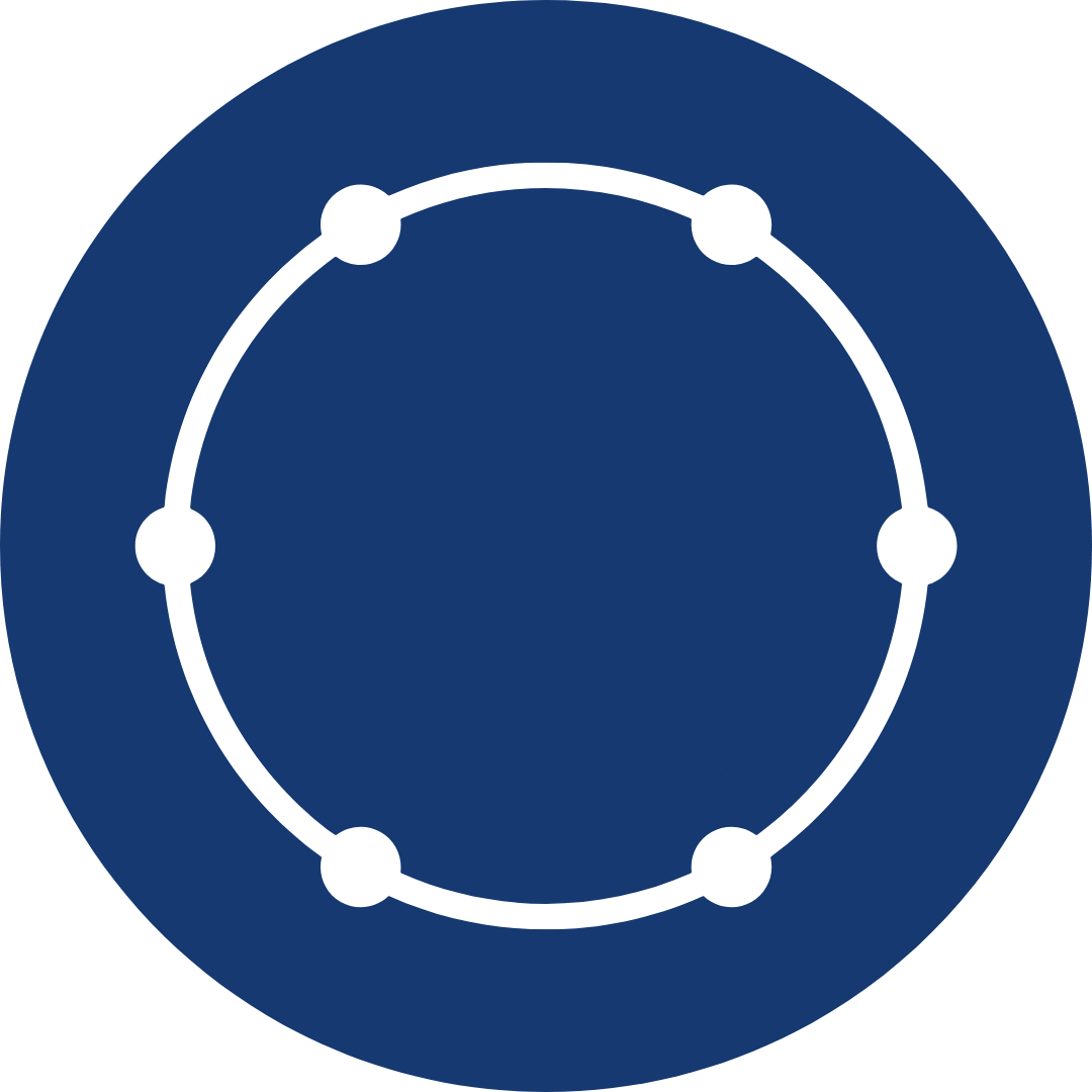 Icon of a circular orbit with five white dots connected by lines on a dark blue background.