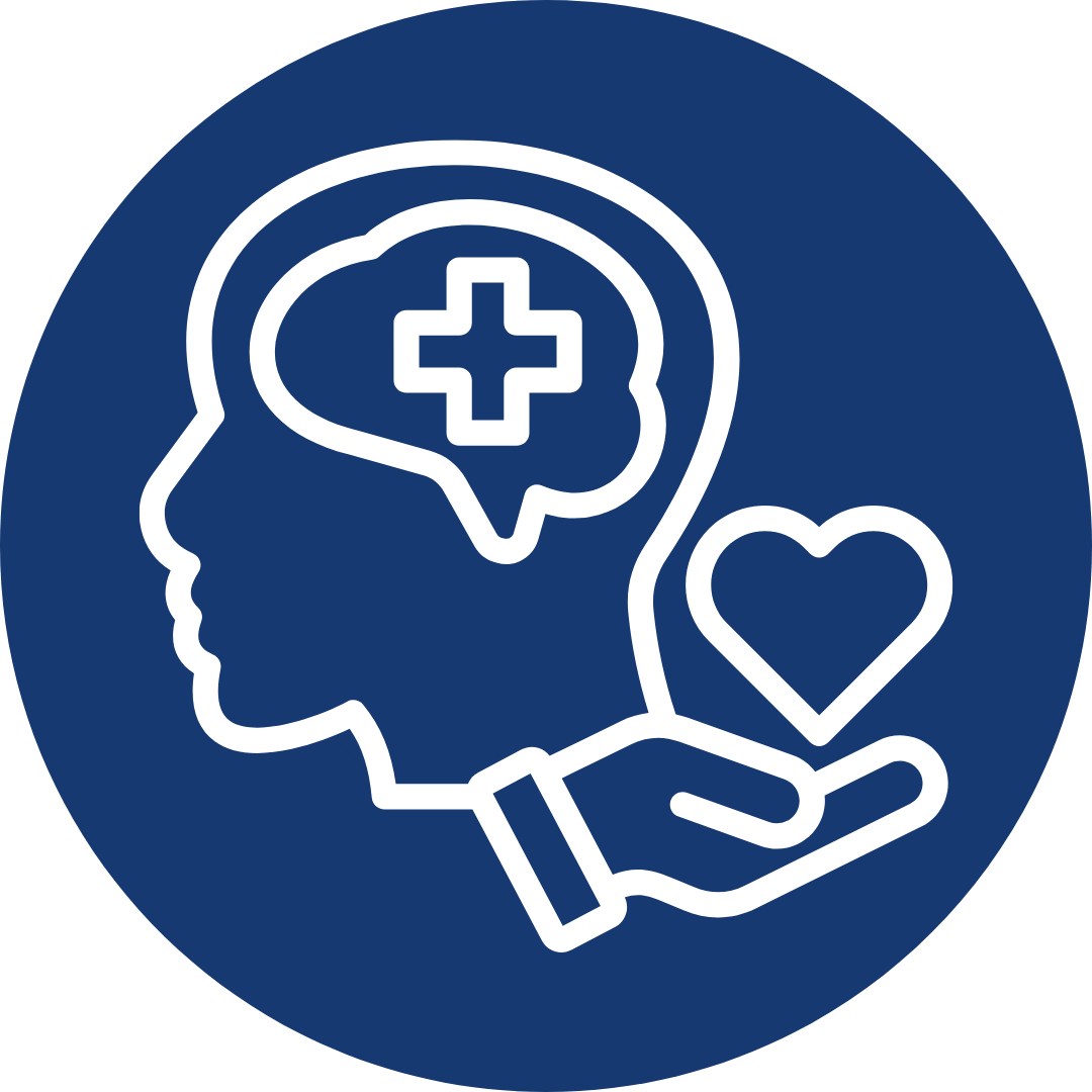 Illustration of a human head with a brain and a medical cross inside it, held in a hand with a heart symbol near the fingertips, against a dark blue circular background.