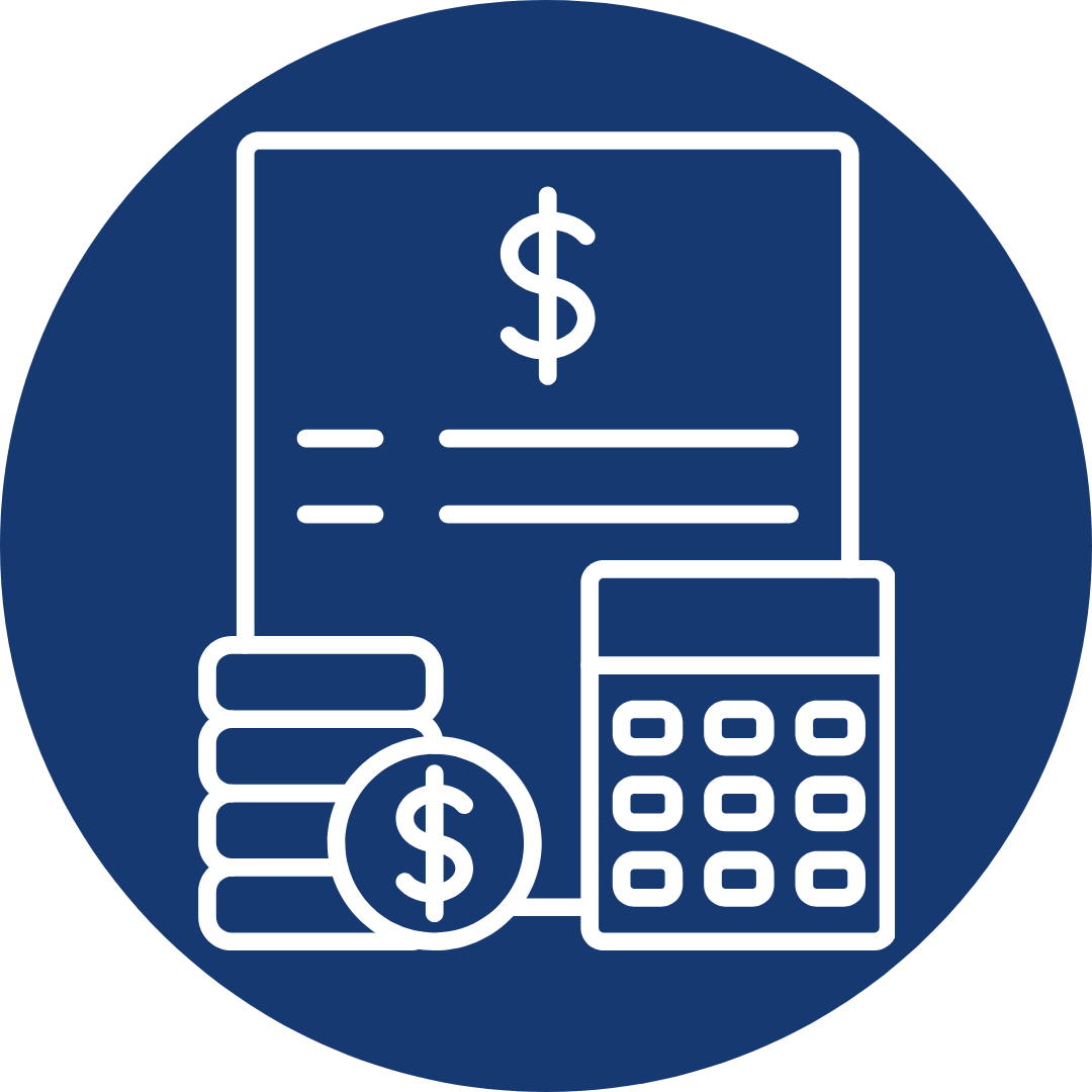 Icon representing financial concepts: a check with a dollar sign, a stack of coins with a dollar sign, and a calculator, all within a dark blue circle.