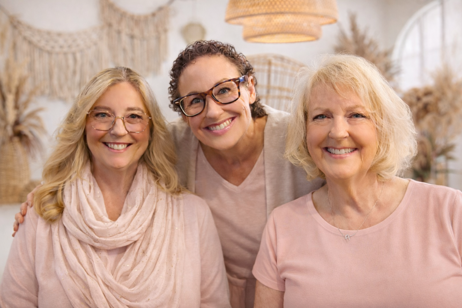 Three middle-aged women with blonde and brown hair smiling and posing together indoors.
