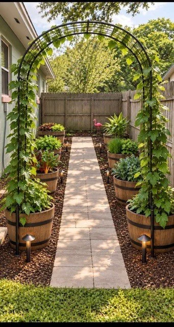 A backyard garden pathway with potted plants on both sides, leading to a wooden fence with a decorative pink flamingo statue, under a metal arbor covered with climbing vines, all illuminated by small ground lights.