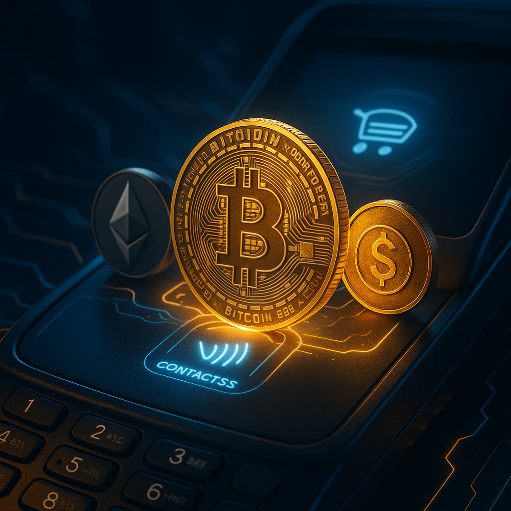 Digital illustrations of bitcoin, ethereum, and dollar coins on a smartphone with contactless payment icon.