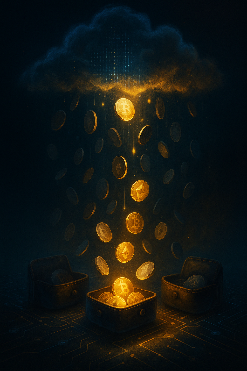 Digital illustration of various cryptocurrencies like Bitcoin, Ethereum, and Litecoin, with coins falling from a cloud into open wallets on a circuit board background.